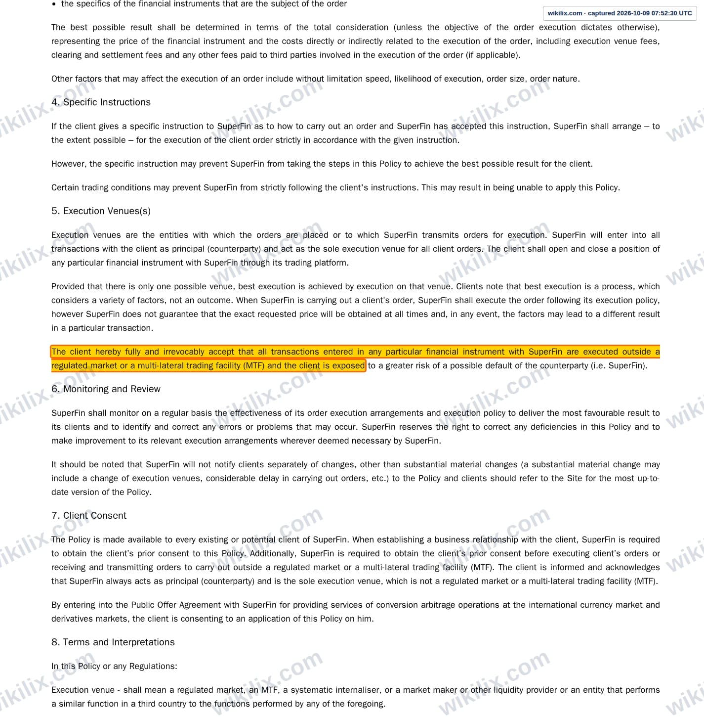Our full page screenshot of the page this clause sits on, on SuperFin's site superfin.global, taken on Oct 9, 2026. The quoted words are marked in the image.