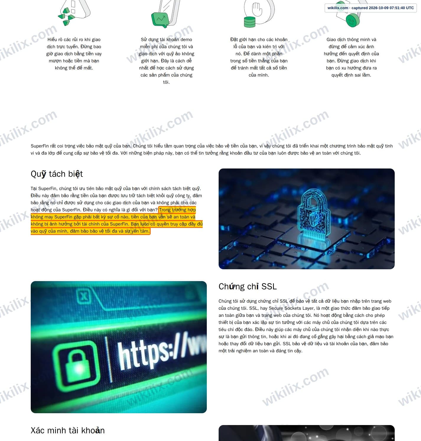 Our full page screenshot of the page that makes this promise, on SuperFin's site superfin.global, taken on Oct 9, 2026. The quoted words are marked in the image.
