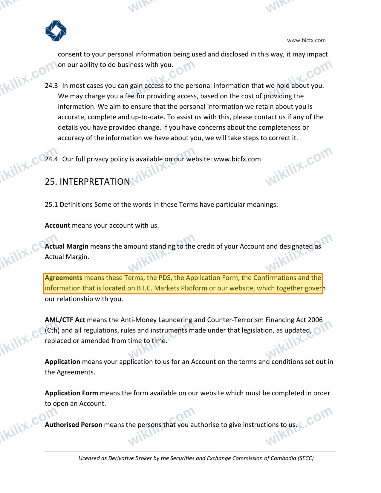 Our full page screenshot of the page this clause sits on, on BIC Markets's site bfxcapital.com.kh, taken on Aug 31, 2026. The quoted words are marked in the image.