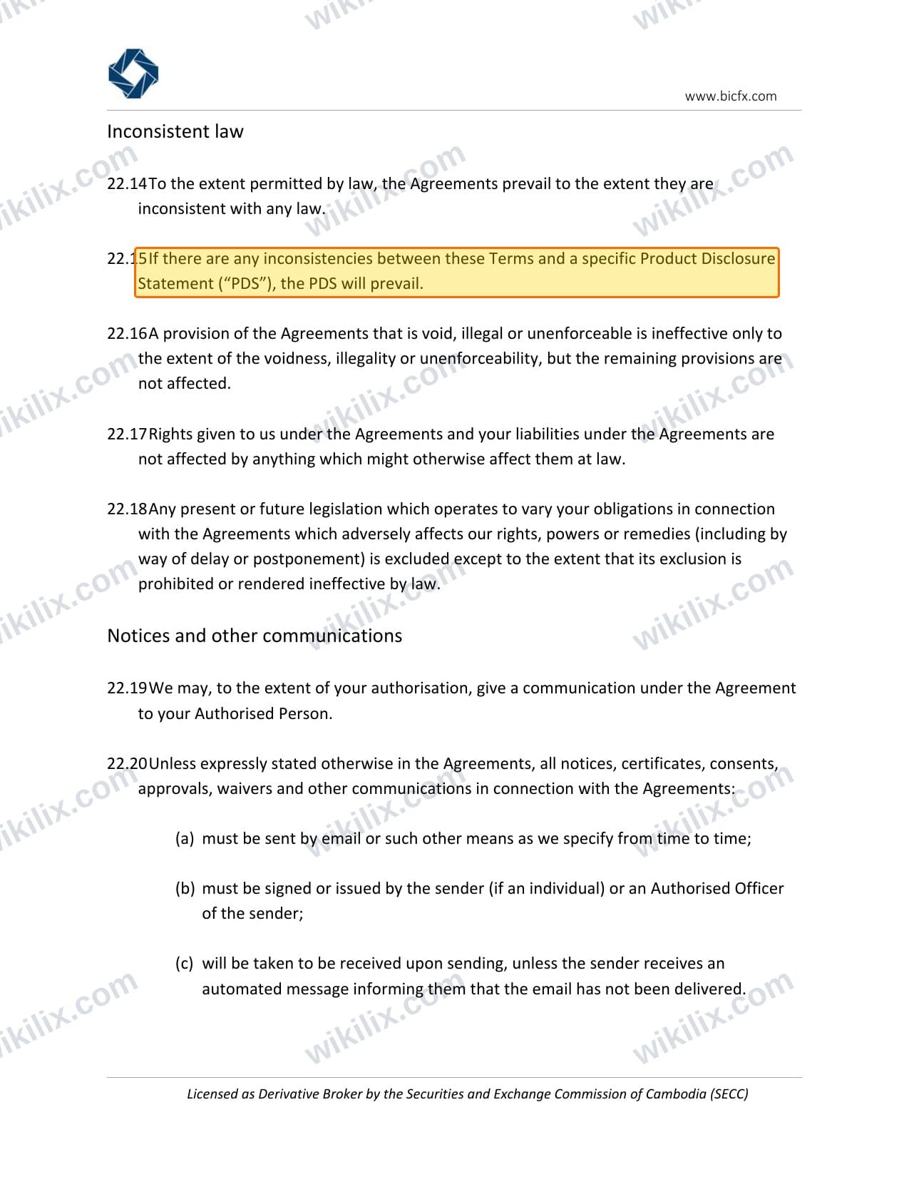 Our full page screenshot of the page this clause sits on, on BIC Markets's site bfxcapital.com.kh, taken on Aug 31, 2026. The quoted words are marked in the image.
