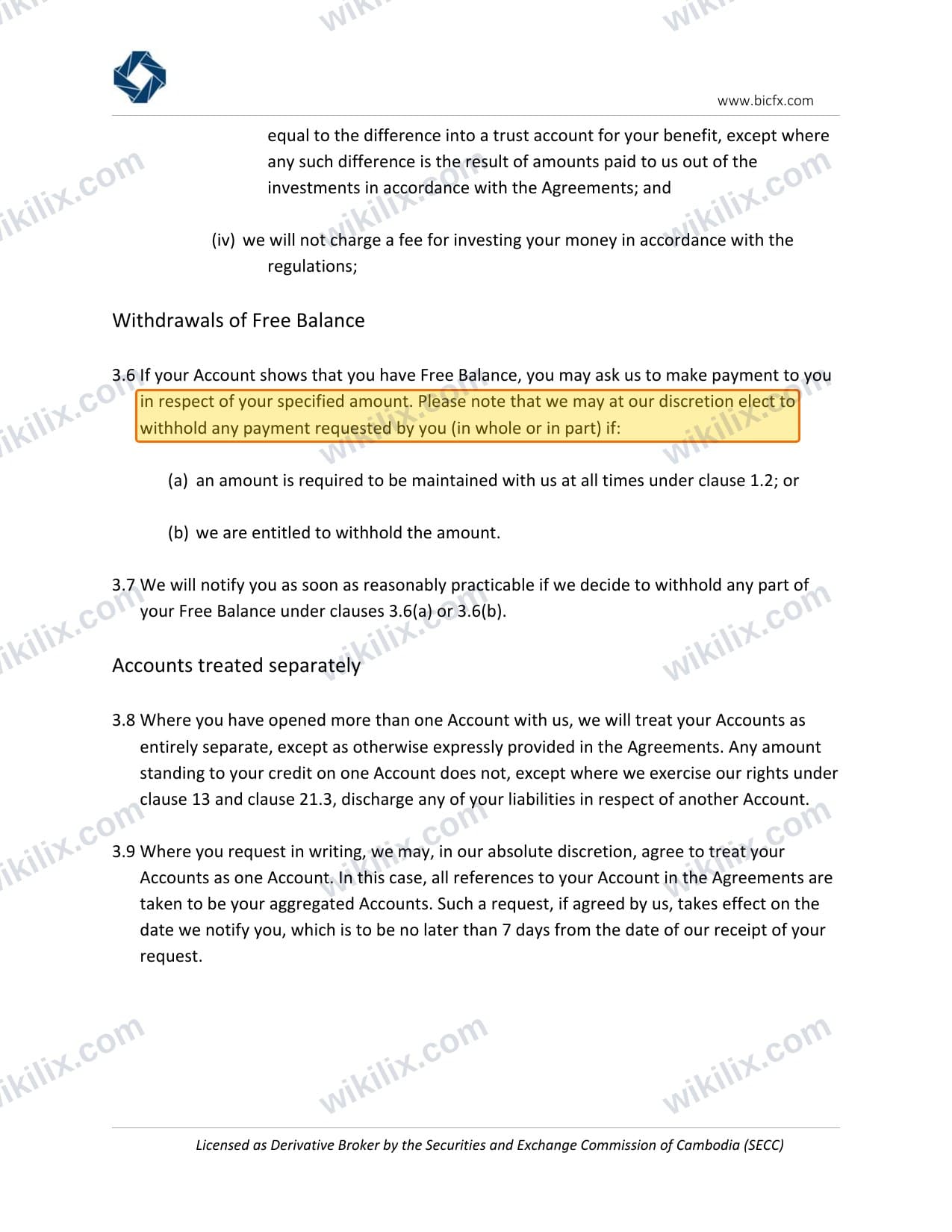 Our full page screenshot of the page this clause sits on, on BIC Markets's site bfxcapital.com.kh, taken on Aug 31, 2026. The quoted words are marked in the image.