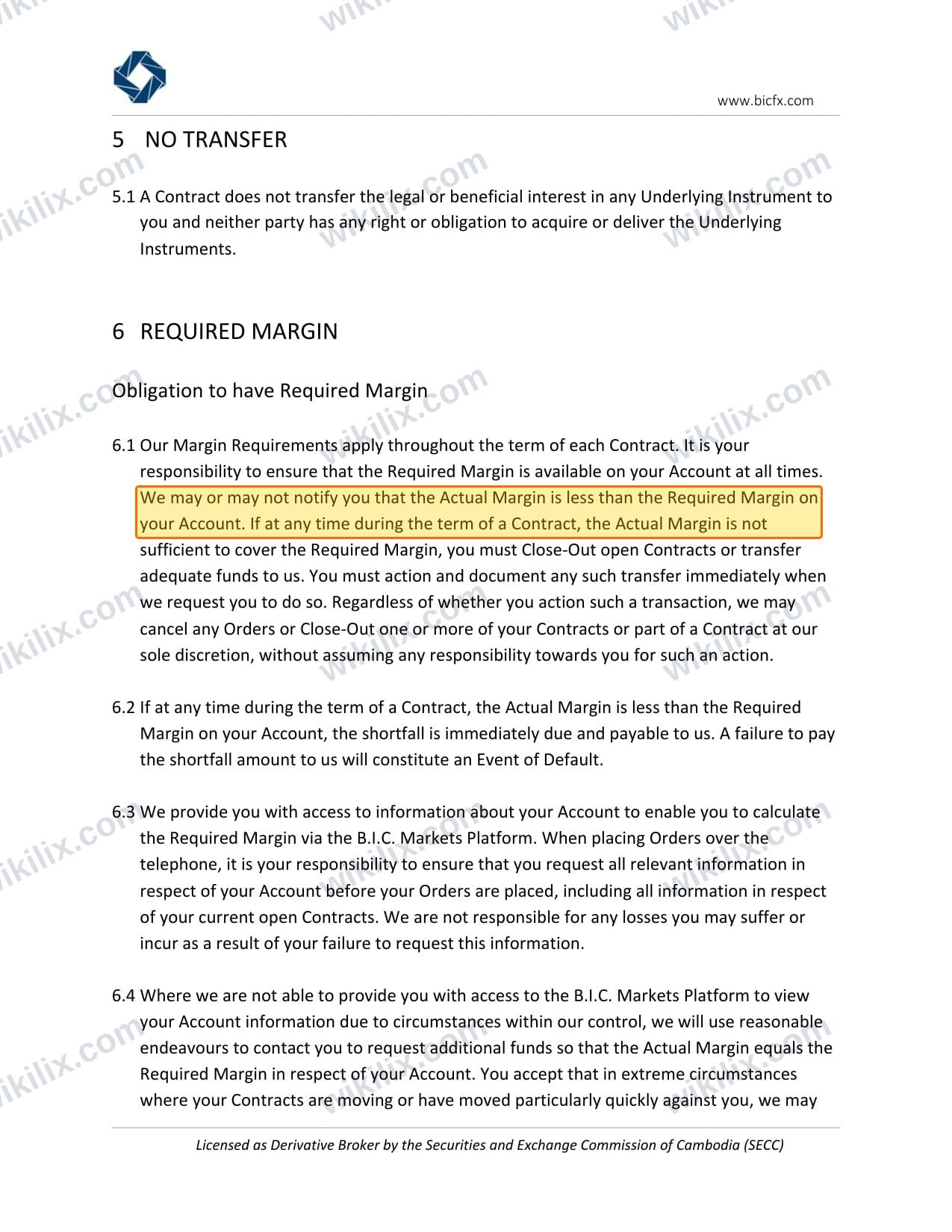 Our full page screenshot of the page this clause sits on, on BIC Markets's site bfxcapital.com.kh, taken on Aug 31, 2026. The quoted words are marked in the image.