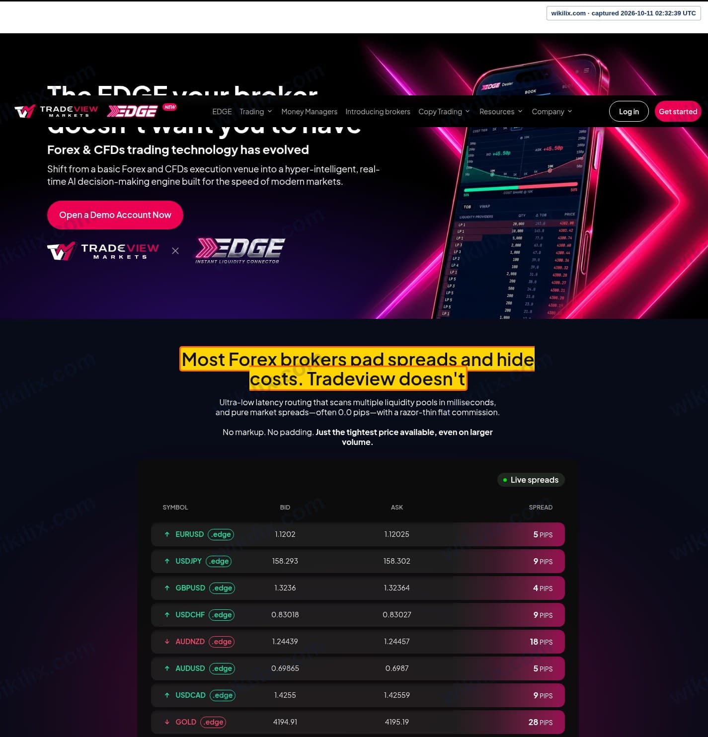 Our full page screenshot of the page that makes this promise, on TRADEVIEW MARKETS's site tradeviewmarkets.com, taken on Oct 11, 2026. The quoted words are marked in the image.