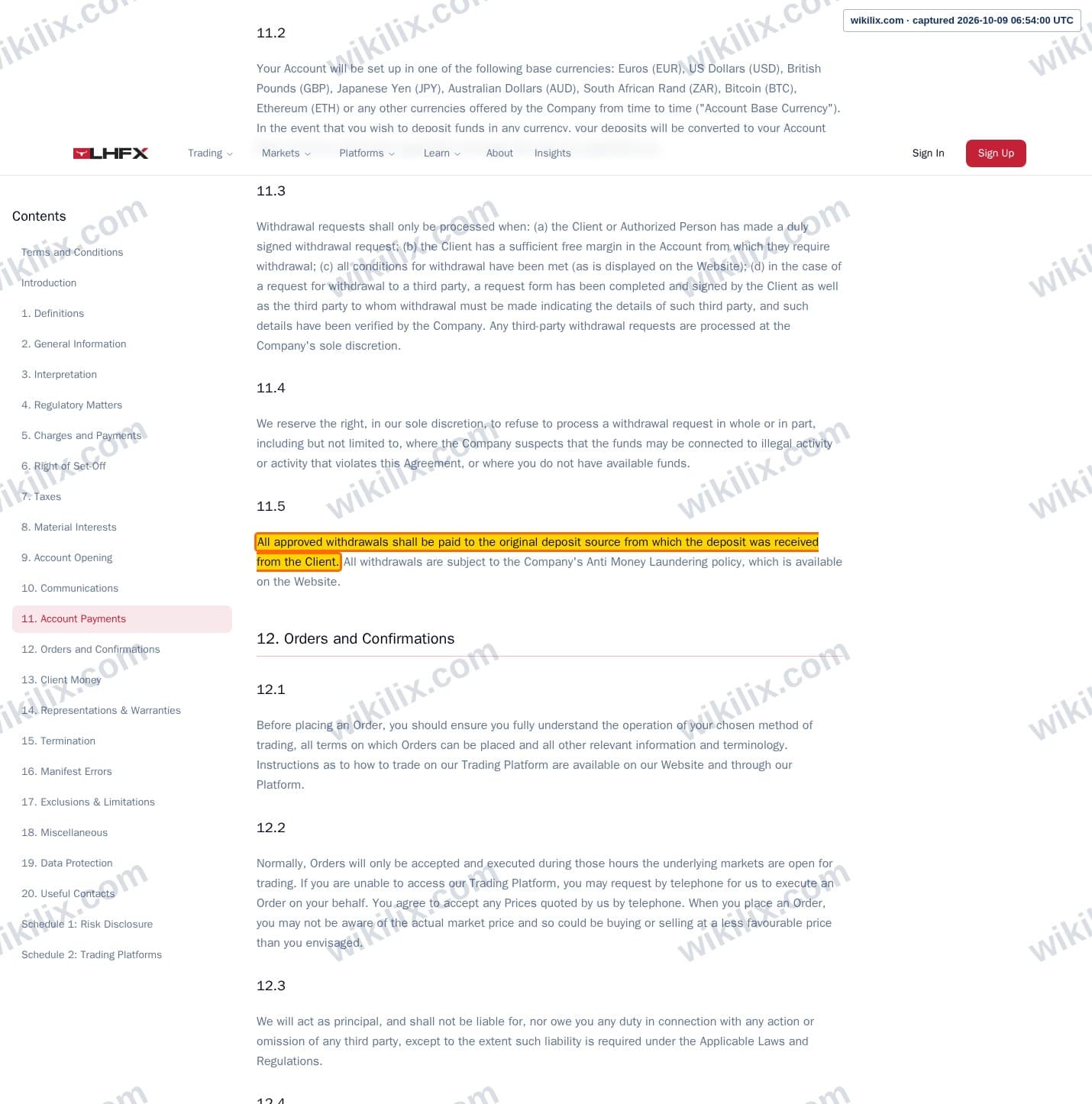 Our full page screenshot of the page this clause sits on, on LHFX's site lhfx.com, taken on Oct 9, 2026. The quoted words are marked in the image.