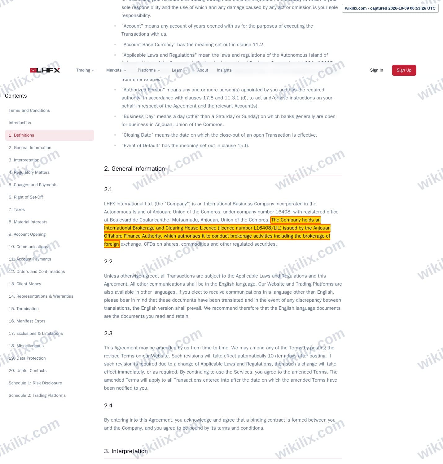 Our full page screenshot of the page this clause sits on, on LHFX's site lhfx.com, taken on Oct 9, 2026. The quoted words are marked in the image.