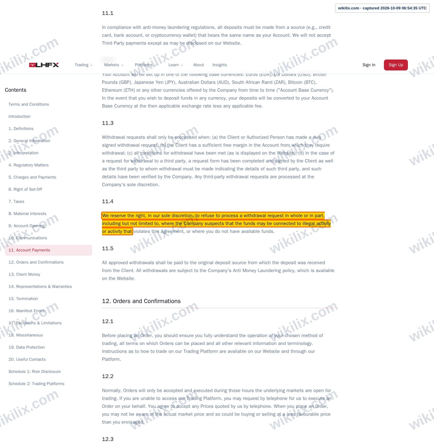 Our full page screenshot of the page this clause sits on, on LHFX's site lhfx.com, taken on Oct 9, 2026. The quoted words are marked in the image.