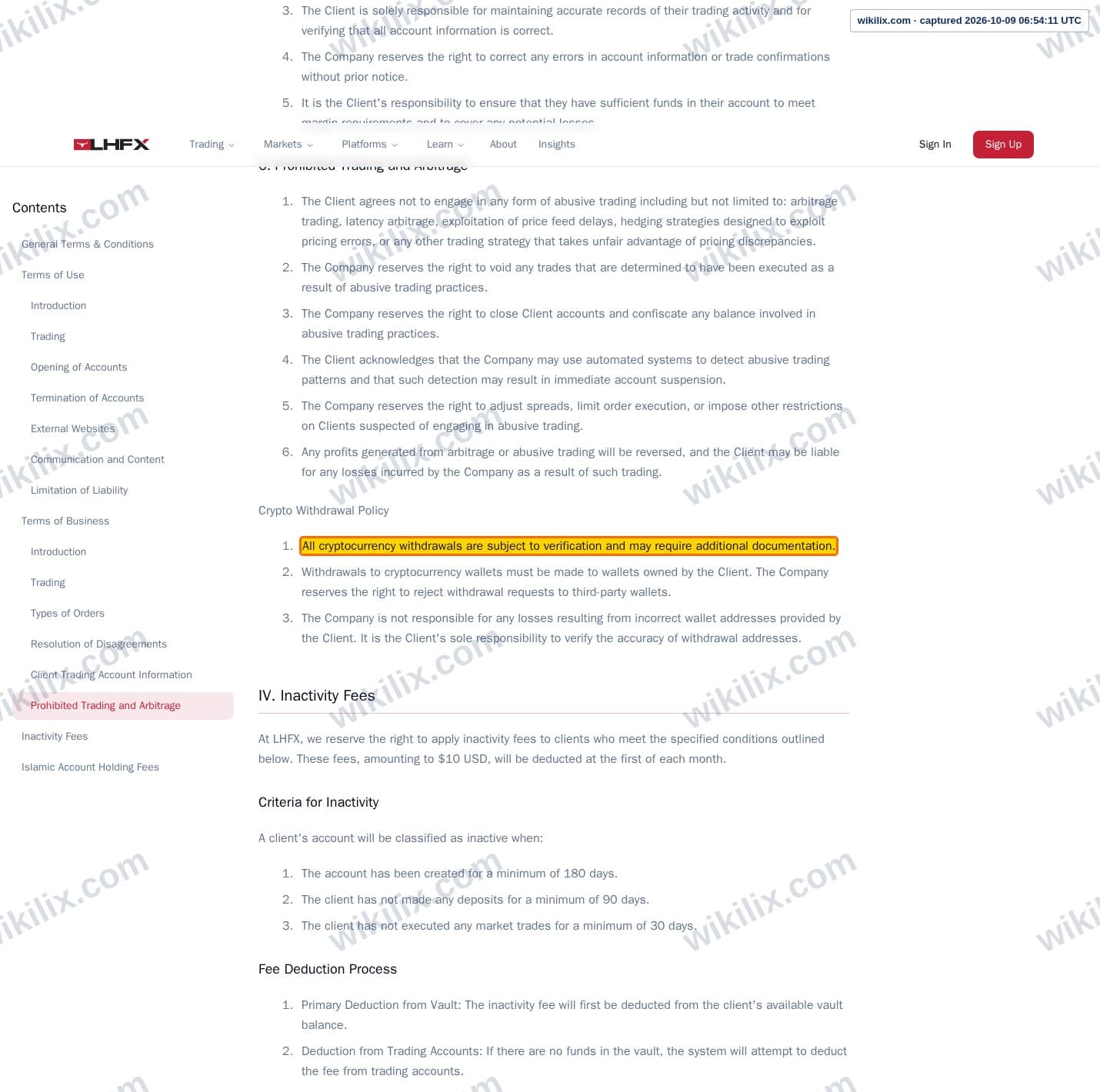 Our full page screenshot of the page this clause sits on, on LHFX's site lhfx.com, taken on Oct 9, 2026. The quoted words are marked in the image.