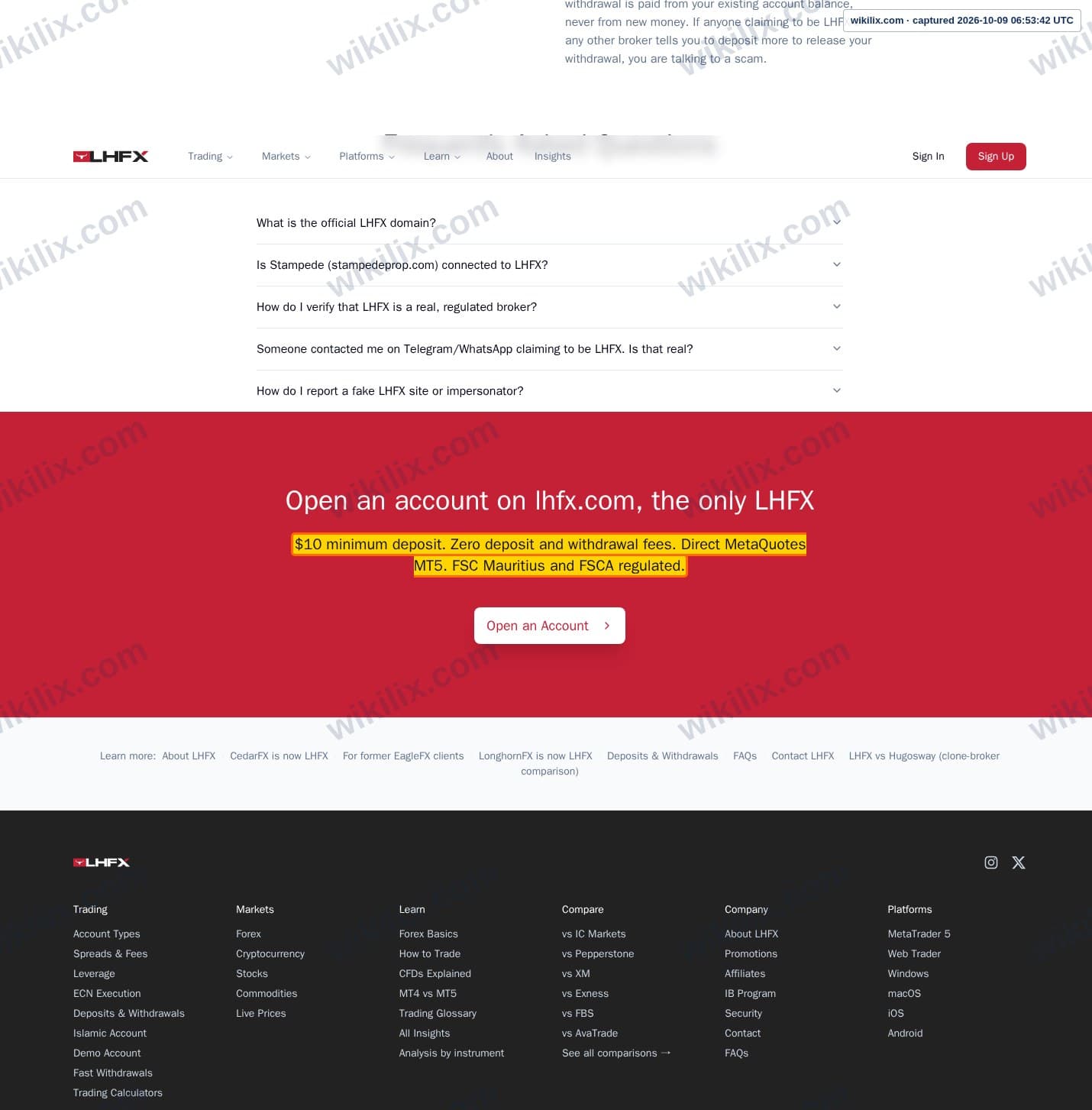 Our full page screenshot of the page that makes this promise, on LHFX's site lhfx.com, taken on Oct 9, 2026. The quoted words are marked in the image.
