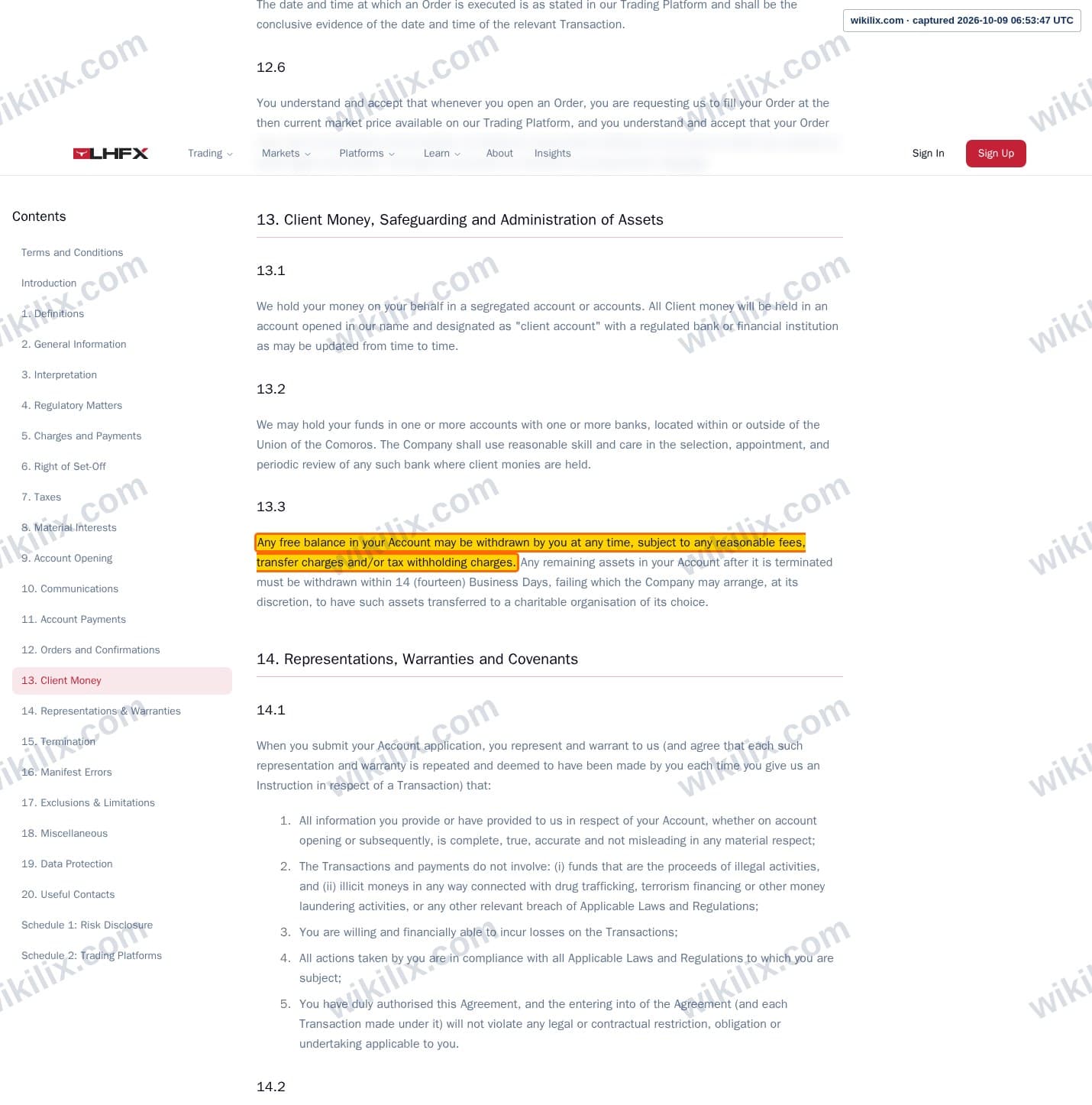 Our full page screenshot of the page this clause sits on, on LHFX's site lhfx.com, taken on Oct 9, 2026. The quoted words are marked in the image.