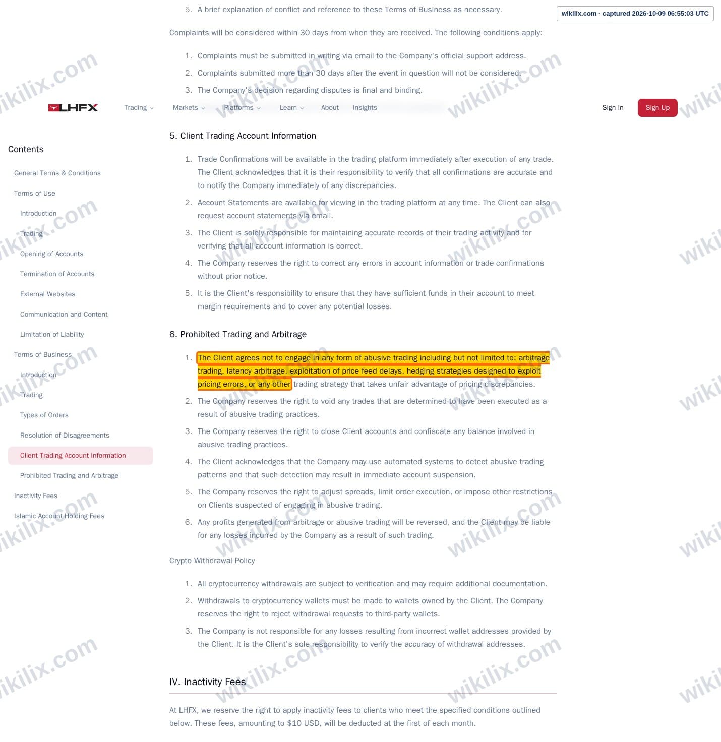 Our full page screenshot of the page this clause sits on, on LHFX's site lhfx.com, taken on Oct 9, 2026. The quoted words are marked in the image.