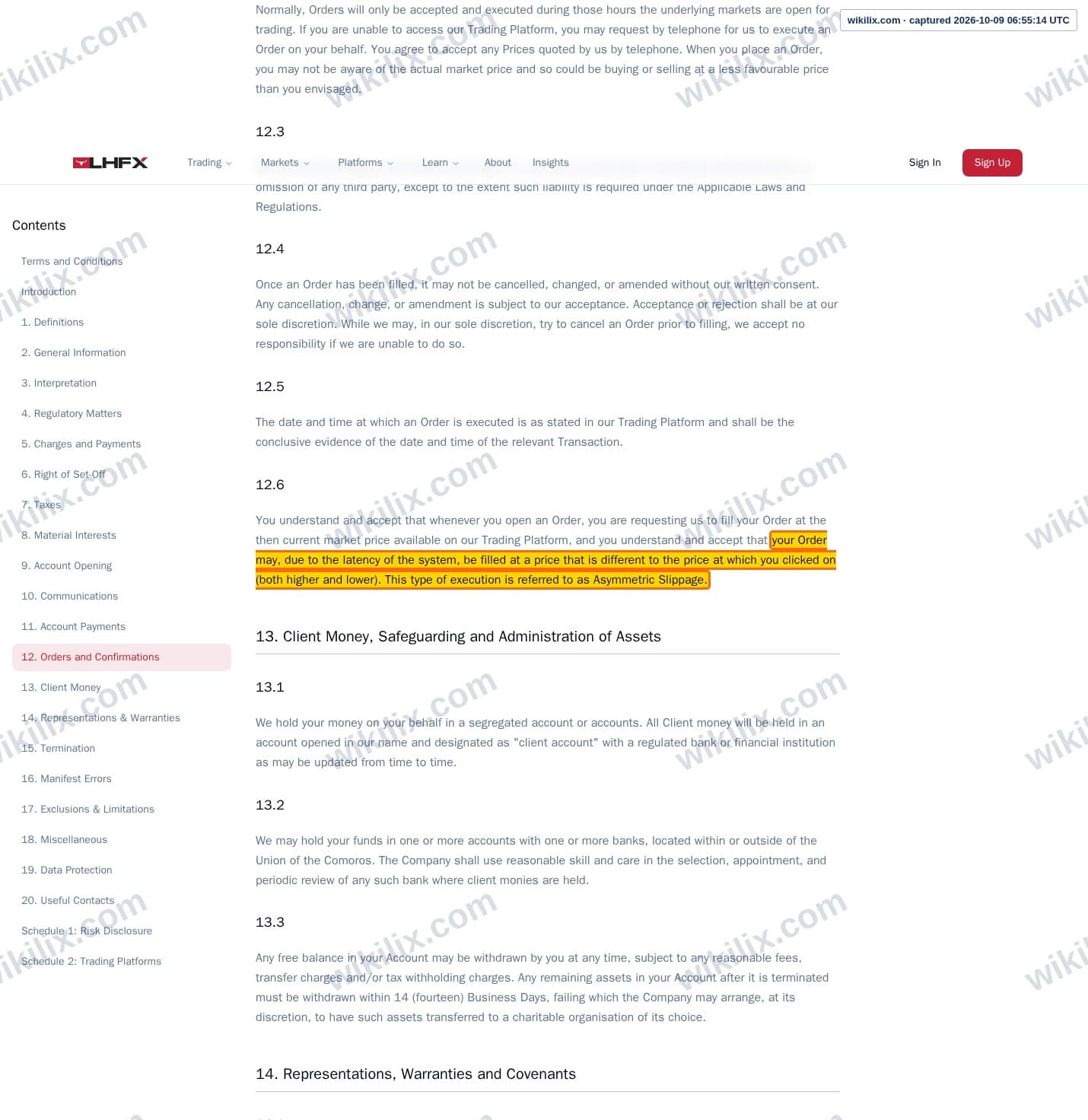 Our full page screenshot of the page this clause sits on, on LHFX's site lhfx.com, taken on Oct 9, 2026. The quoted words are marked in the image.