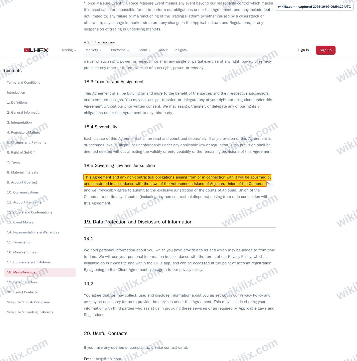Our full page screenshot of the page this clause sits on, on LHFX's site lhfx.com, taken on Oct 9, 2026. The quoted words are marked in the image.
