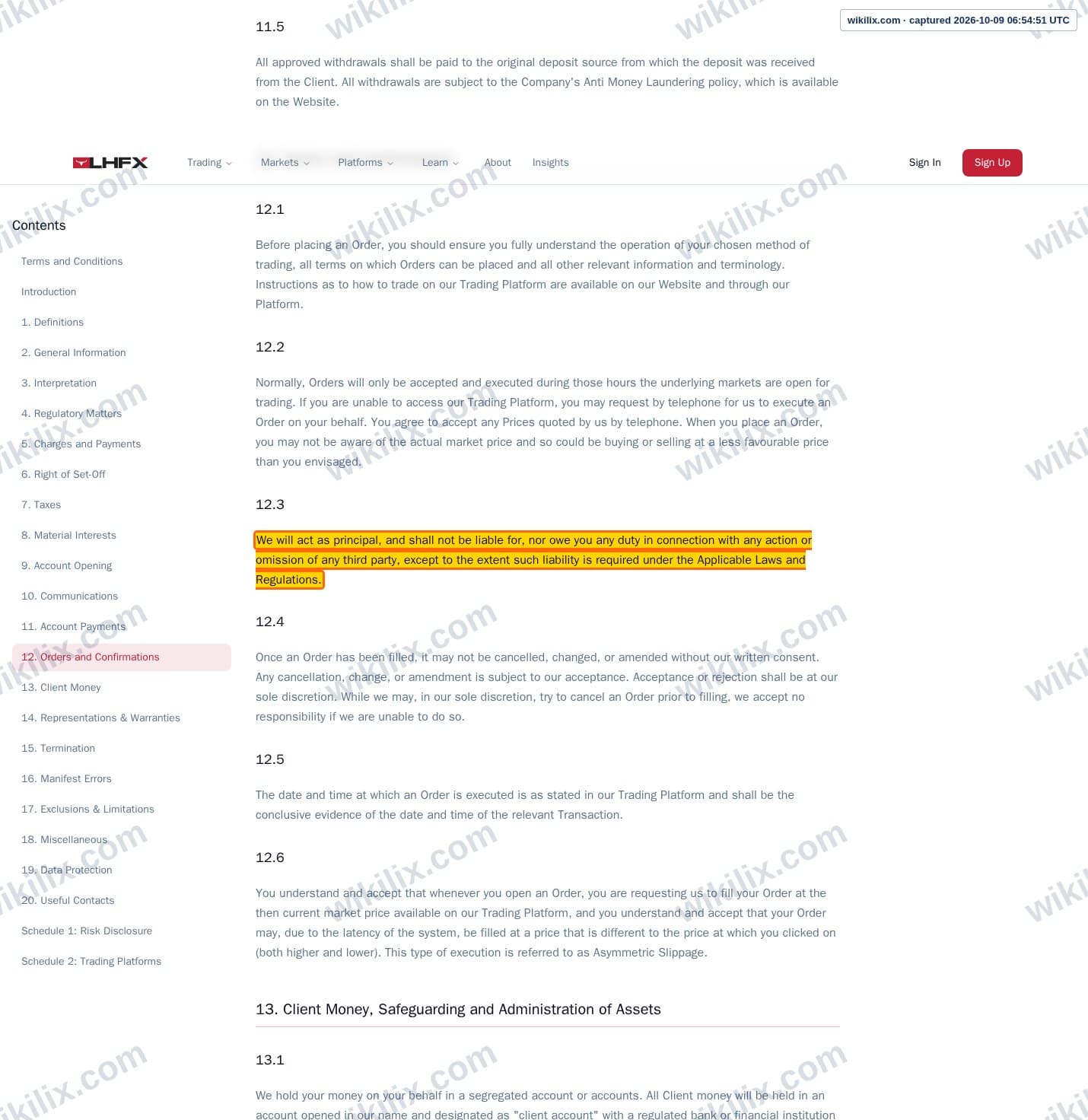 Our full page screenshot of the page this clause sits on, on LHFX's site lhfx.com, taken on Oct 9, 2026. The quoted words are marked in the image.