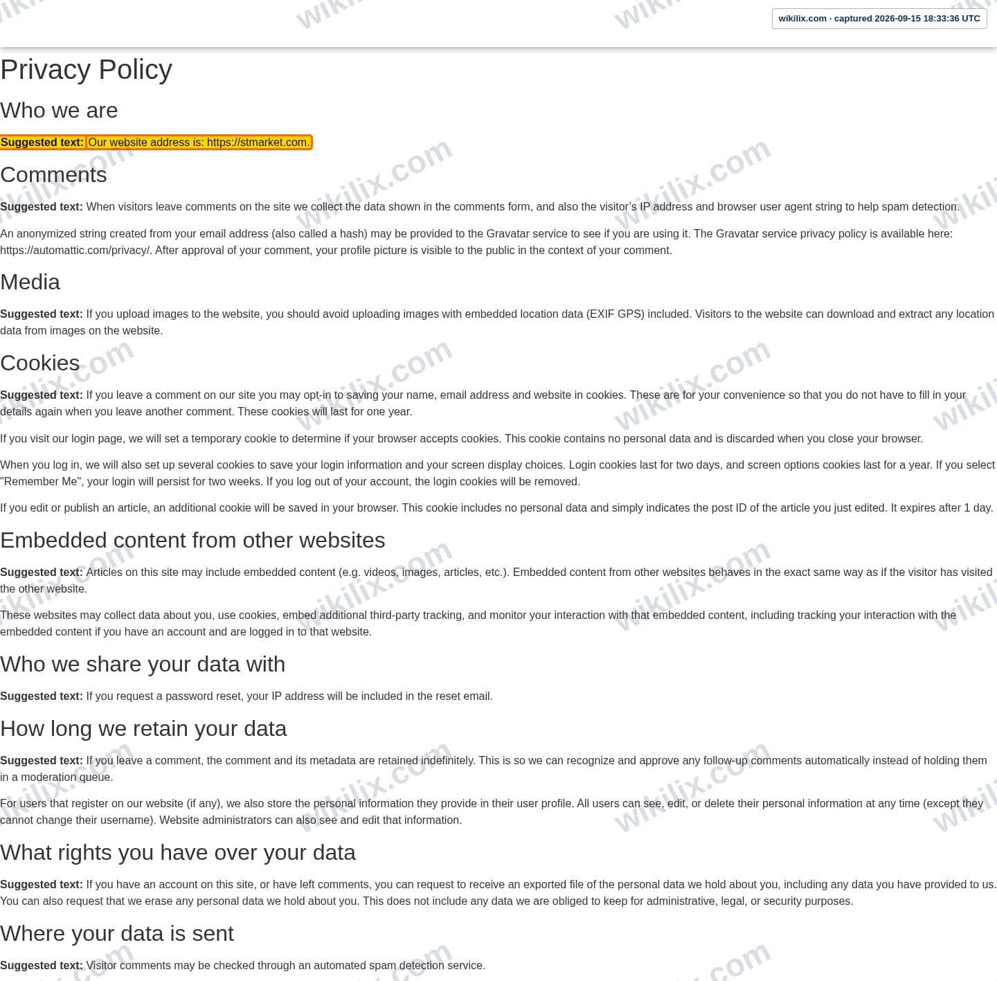 Our full page screenshot of the page this clause sits on, on STMARKET's site stmarket.com, taken on Sep 15, 2026. The quoted words are marked in the image.