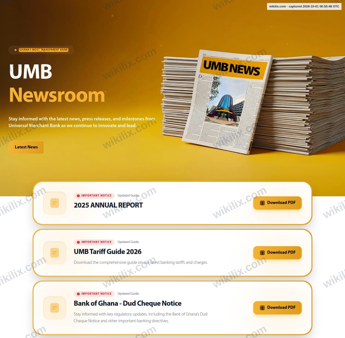 Our full page screenshot of the page that makes this promise, on UMB's site myumbbank.com, taken on Oct 1, 2026. The quoted words are marked in the image.