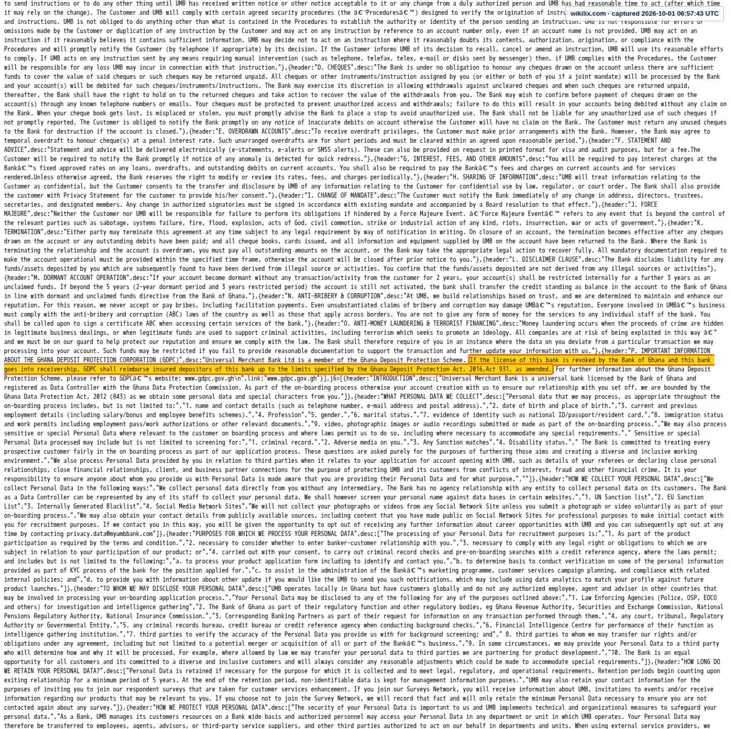 Our full page screenshot of the page this clause sits on, on UMB's site accountopening.myumbbank.com, taken on Oct 1, 2026. The quoted words are marked in the image.