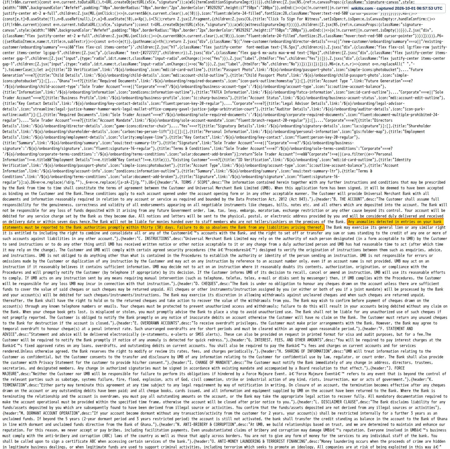 Our full page screenshot of the page this clause sits on, on UMB's site accountopening.myumbbank.com, taken on Oct 1, 2026. The quoted words are marked in the image.