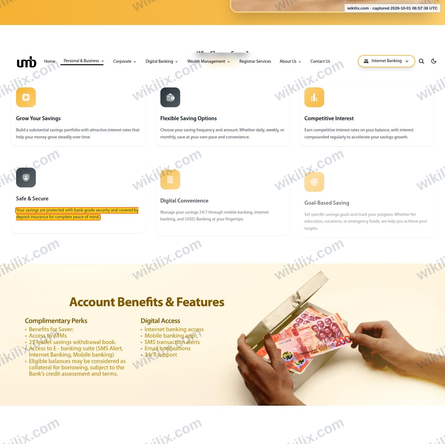Our full page screenshot of the page that makes this promise, on UMB's site myumbbank.com, taken on Oct 1, 2026. The quoted words are marked in the image.