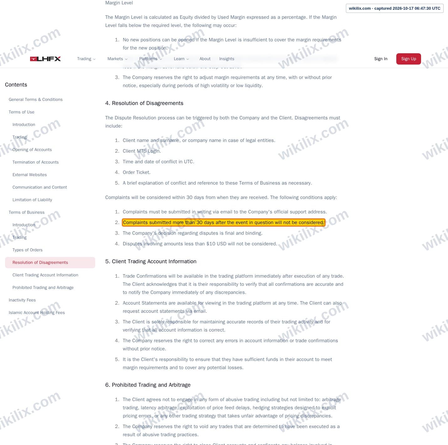 Our full page screenshot of the page this clause sits on, on LonghornFX's site longhornfx.com, taken on Oct 17, 2026. The quoted words are marked in the image.