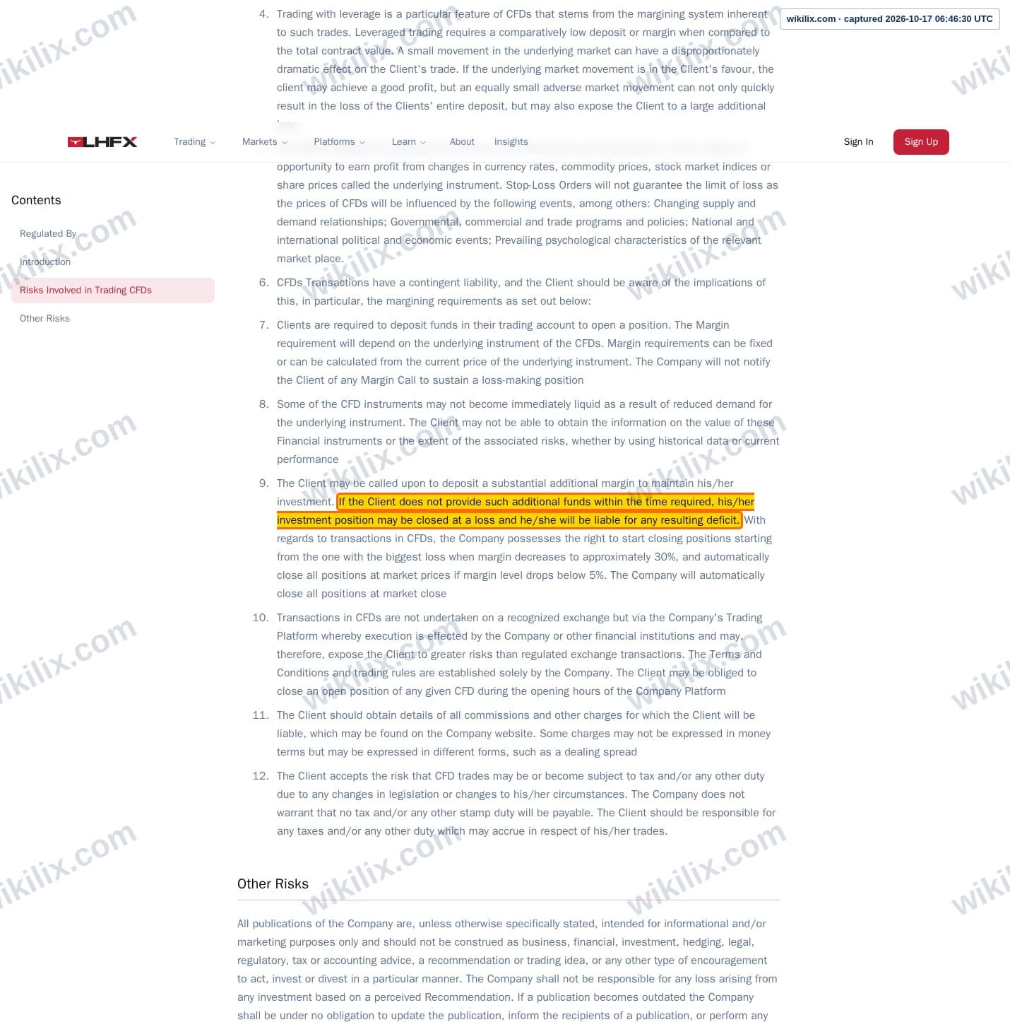 Our full page screenshot of the page this clause sits on, on LonghornFX's site longhornfx.com, taken on Oct 17, 2026. The quoted words are marked in the image.