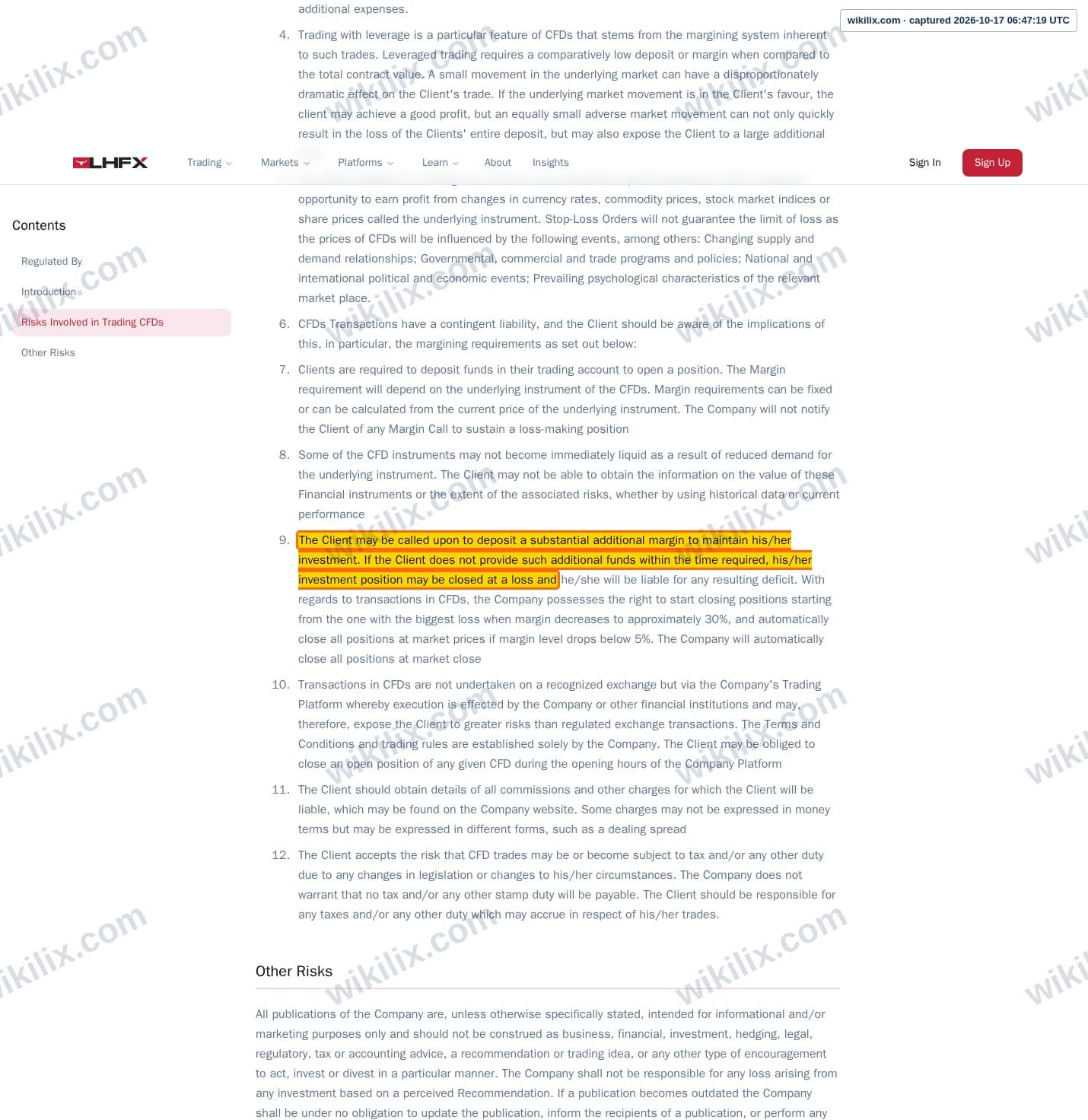 Our full page screenshot of the page this clause sits on, on LonghornFX's site longhornfx.com, taken on Oct 17, 2026. The quoted words are marked in the image.