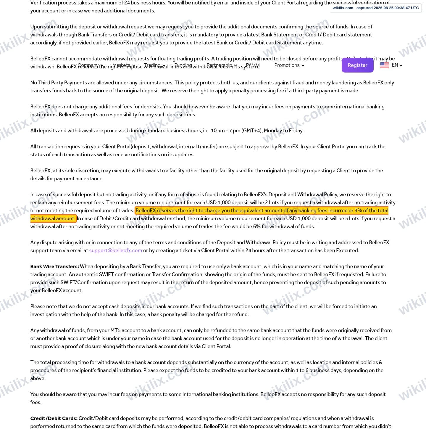 Our full page screenshot of the page this clause sits on, on BelleoFX's site belleofx.com, taken on Aug 25, 2026. The quoted words are marked in the image.