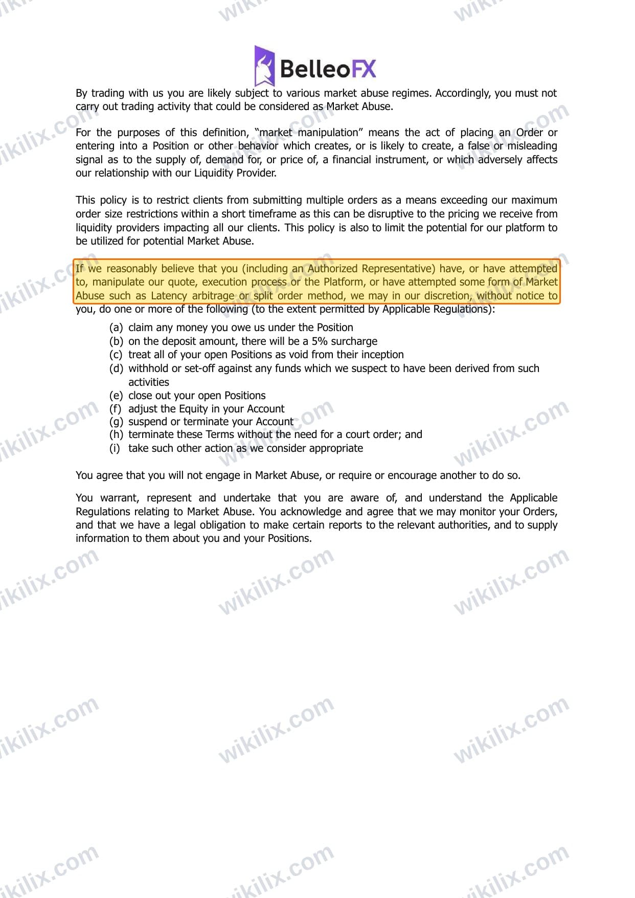 Our full page screenshot of the page this clause sits on, on BelleoFX's site belleofx.com, taken on Aug 25, 2026. The quoted words are marked in the image.