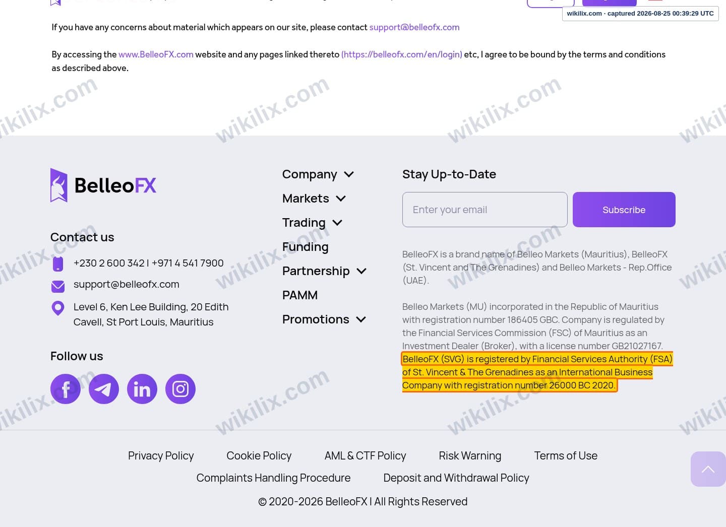 Our full page screenshot of the page this clause sits on, on BelleoFX's site belleofx.com, taken on Aug 25, 2026. The quoted words are marked in the image.