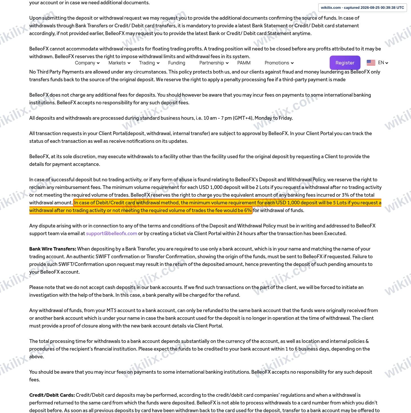 Our full page screenshot of the page this clause sits on, on BelleoFX's site belleofx.com, taken on Aug 25, 2026. The quoted words are marked in the image.