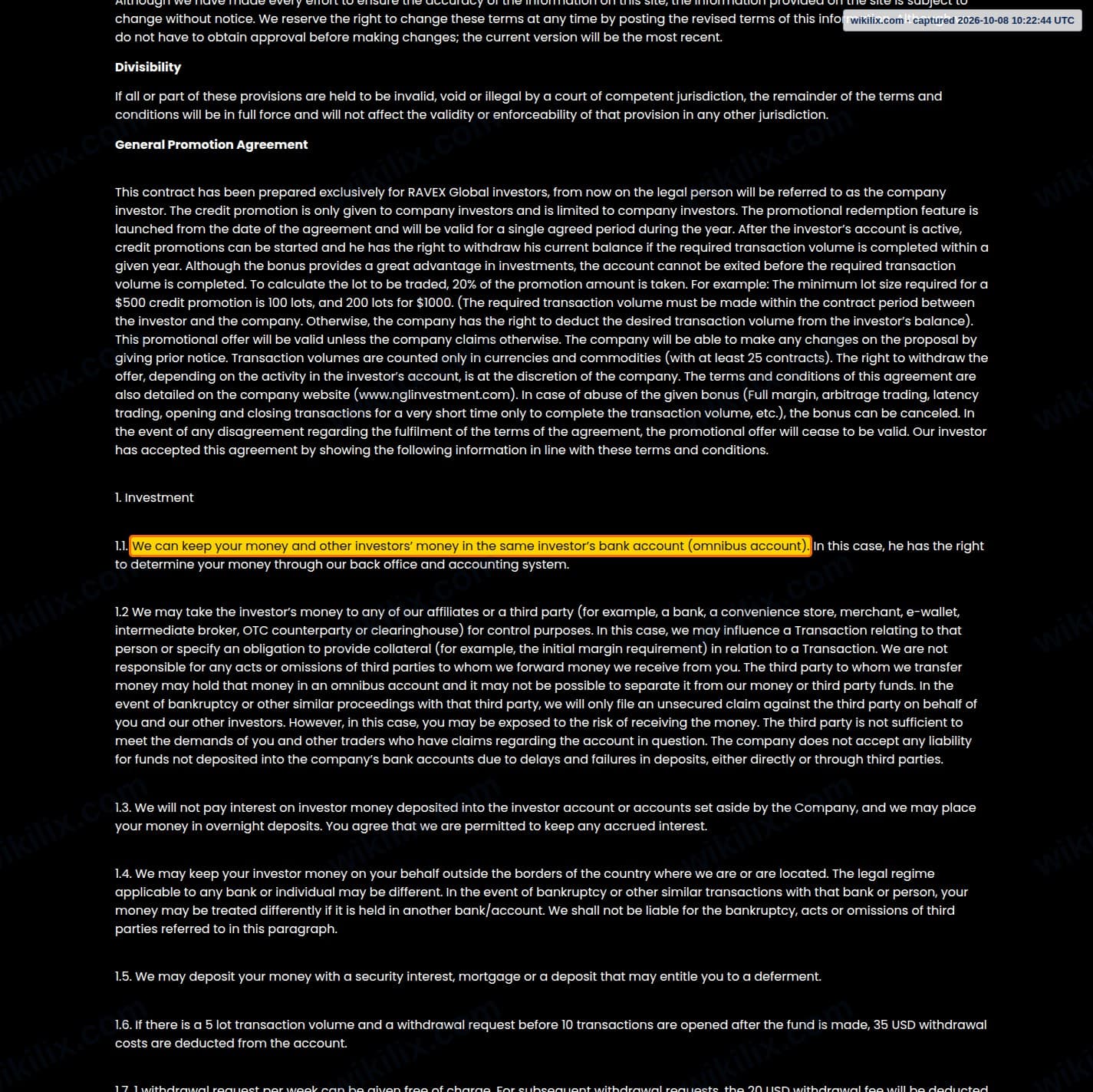 Our full page screenshot of the page this clause sits on, on RAVEX GLOBAL's site ravexcapital.com, taken on Oct 8, 2026. The quoted words are marked in the image.
