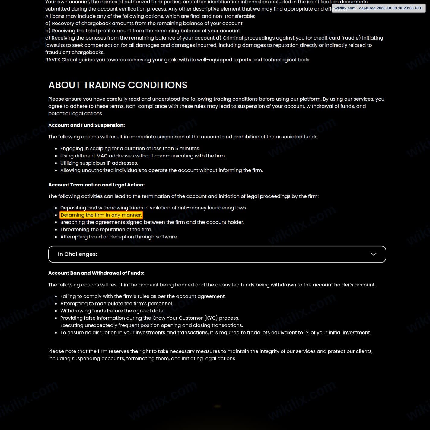 Our full page screenshot of the page this clause sits on, on RAVEX GLOBAL's site ravexcapital.com, taken on Oct 8, 2026. The quoted words are marked in the image.