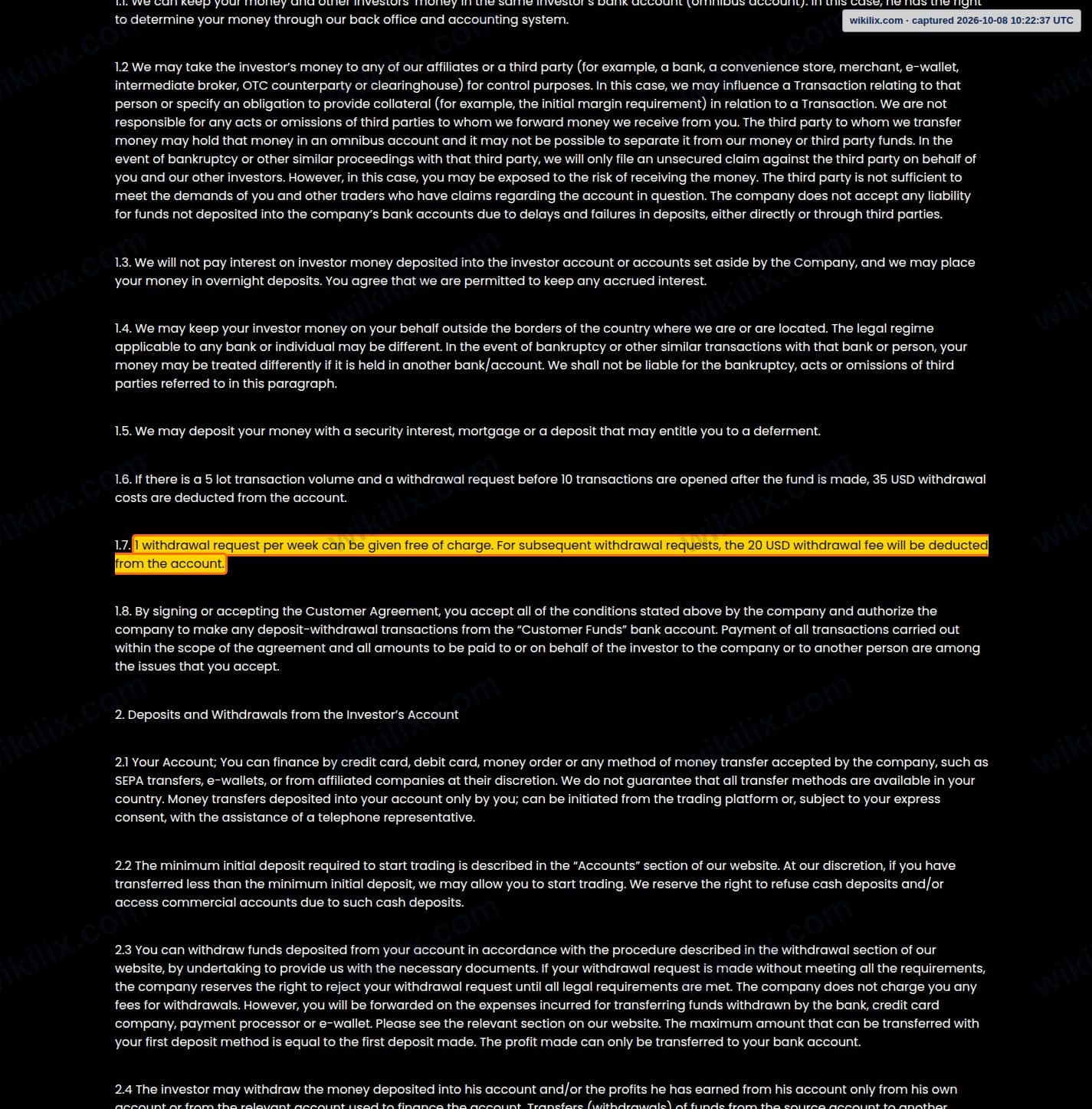 Our full page screenshot of the page this clause sits on, on RAVEX GLOBAL's site ravexcapital.com, taken on Oct 8, 2026. The quoted words are marked in the image.