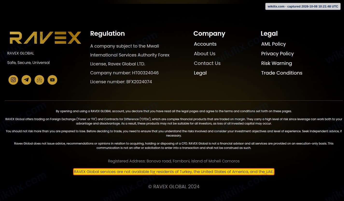 Our full page screenshot of the page this clause sits on, on RAVEX GLOBAL's site ravexcapital.com, taken on Oct 8, 2026. The quoted words are marked in the image.