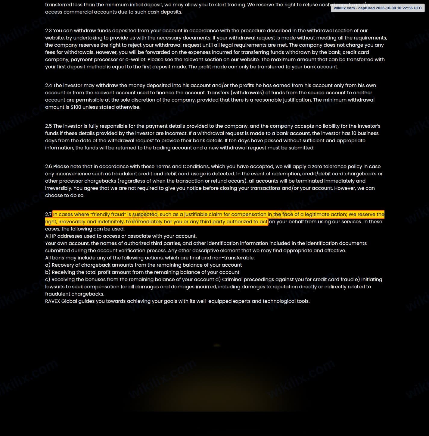 Our full page screenshot of the page this clause sits on, on RAVEX GLOBAL's site ravexcapital.com, taken on Oct 8, 2026. The quoted words are marked in the image.