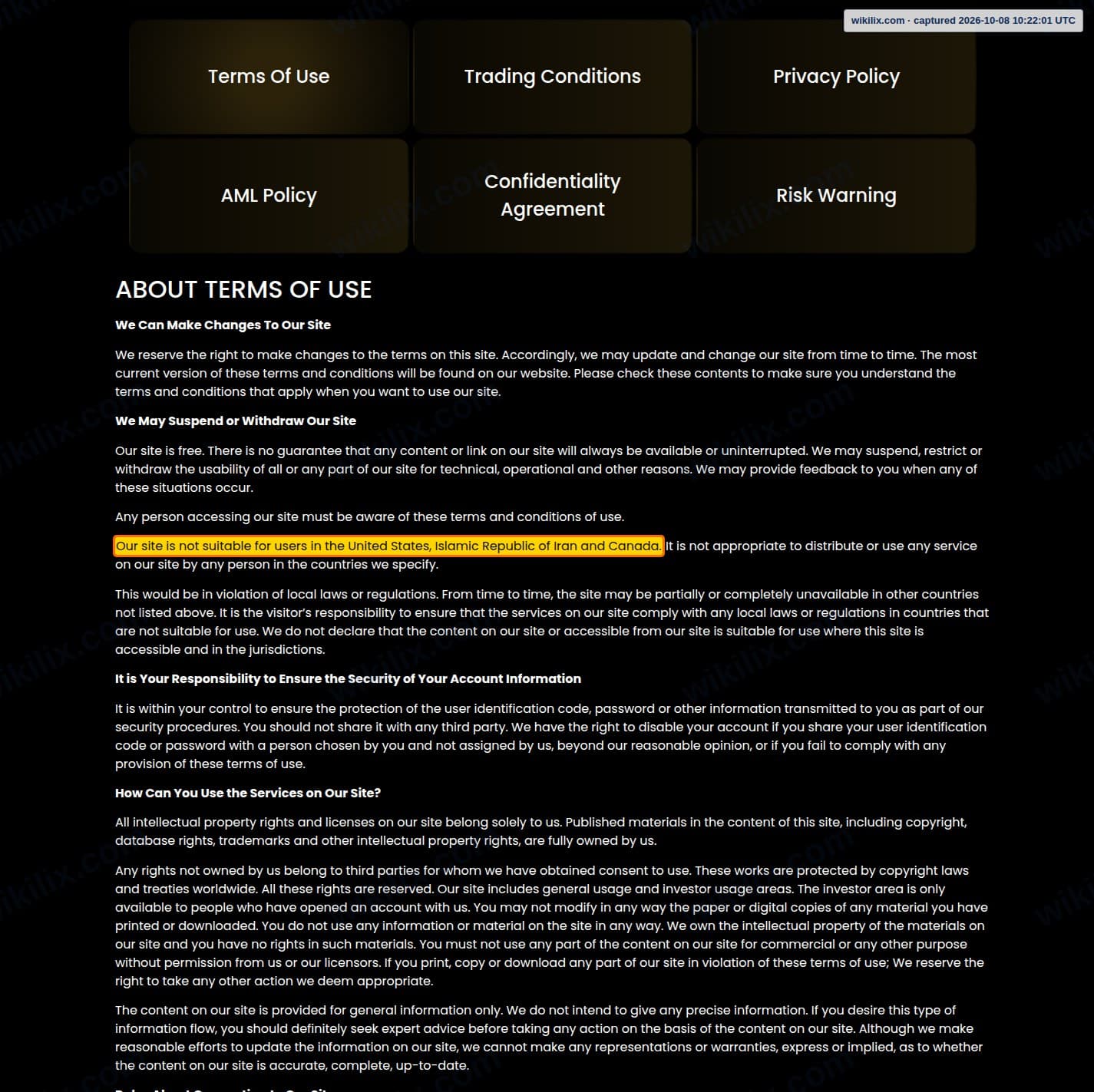 Our full page screenshot of the page this clause sits on, on RAVEX GLOBAL's site ravexcapital.com, taken on Oct 8, 2026. The quoted words are marked in the image.