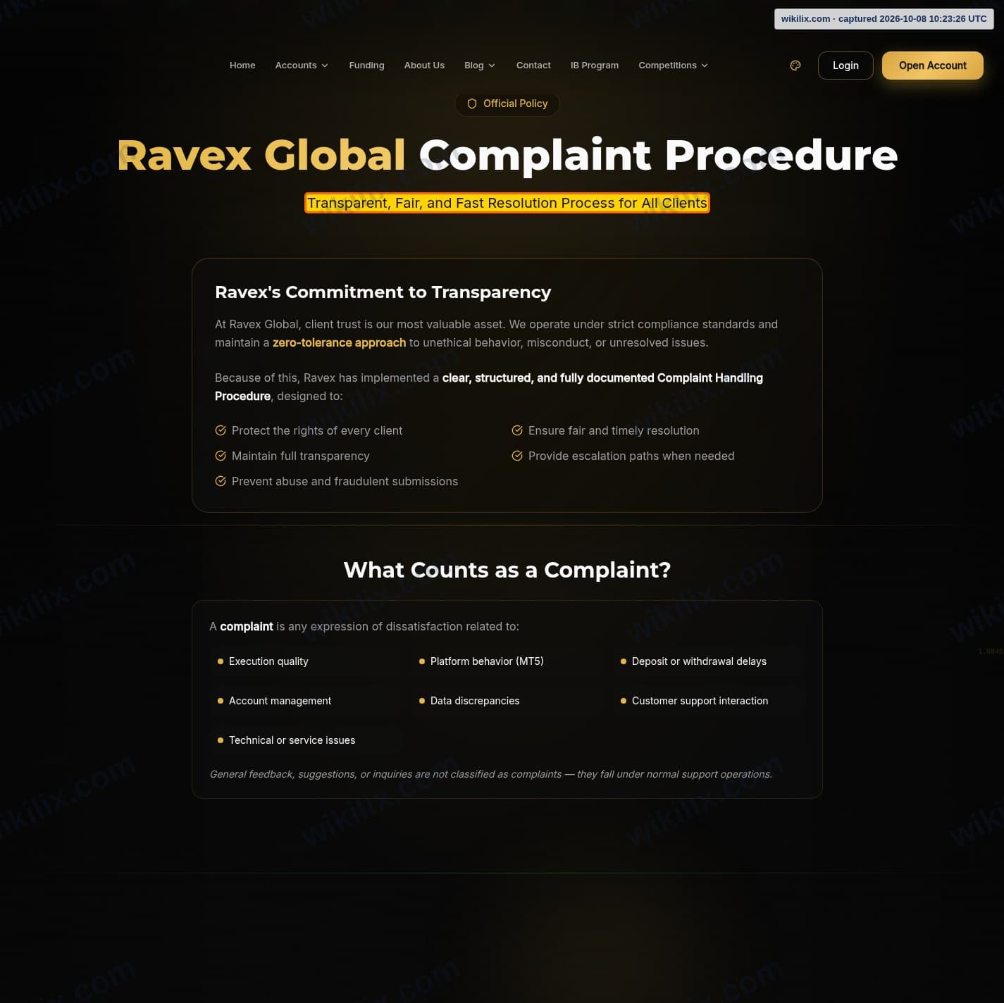 Our full page screenshot of the page that makes this promise, on RAVEX GLOBAL's site ravexglobal.com, taken on Oct 8, 2026. The quoted words are marked in the image.
