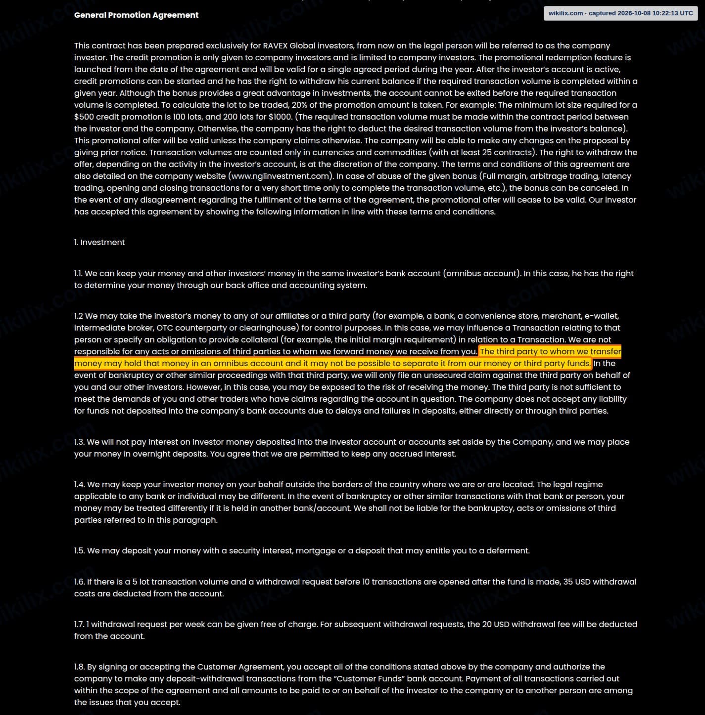 Our full page screenshot of the page this clause sits on, on RAVEX GLOBAL's site ravexcapital.com, taken on Oct 8, 2026. The quoted words are marked in the image.