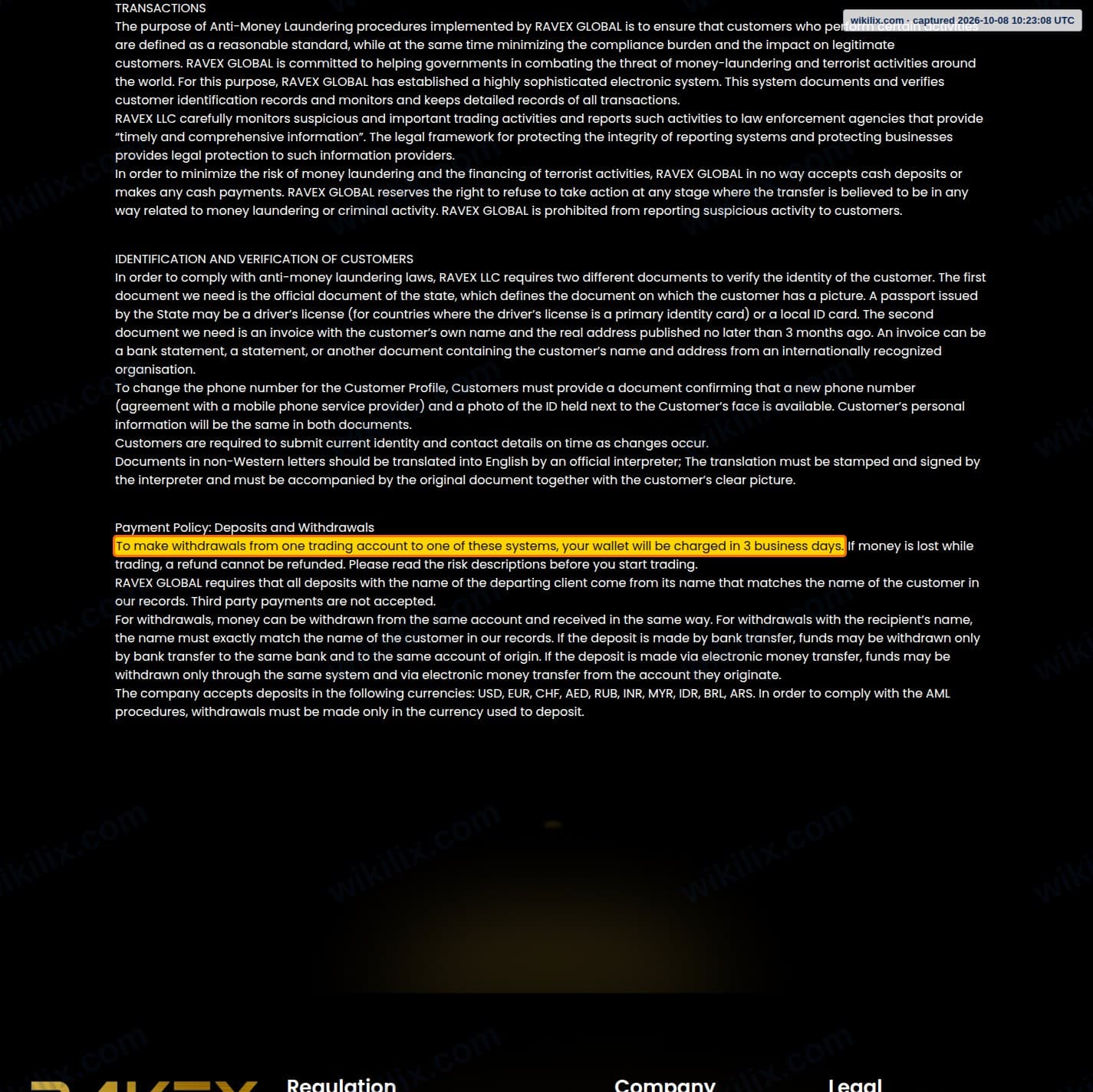 Our full page screenshot of the page this clause sits on, on RAVEX GLOBAL's site ravexcapital.com, taken on Oct 8, 2026. The quoted words are marked in the image.