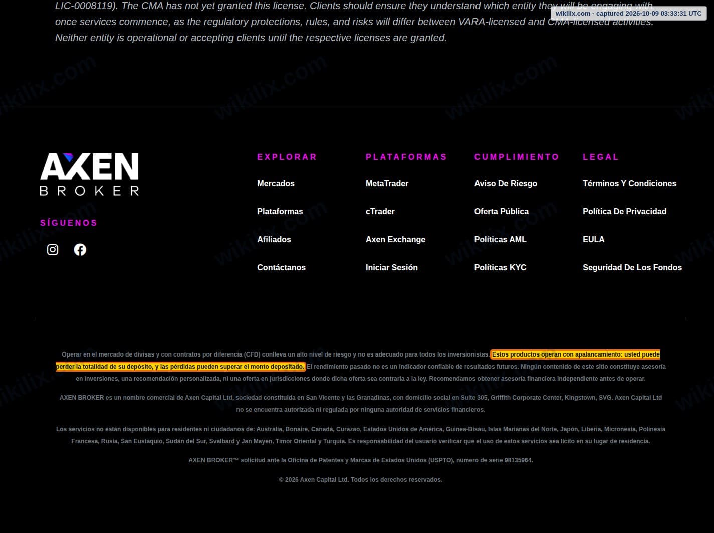 Our full page screenshot of the page this clause sits on, on Axen Broker's site axenbroker.com, taken on Oct 9, 2026. The quoted words are marked in the image.
