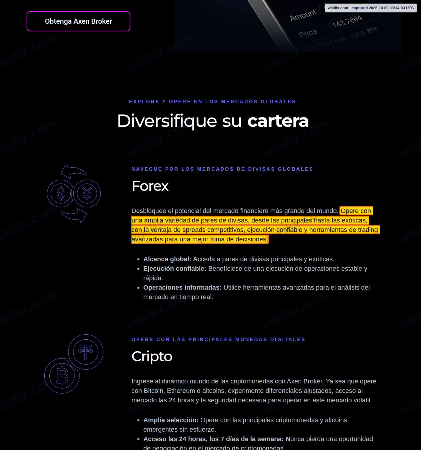Our full page screenshot of the page that makes this promise, on Axen Broker's site axenbroker.com, taken on Oct 9, 2026. The quoted words are marked in the image.