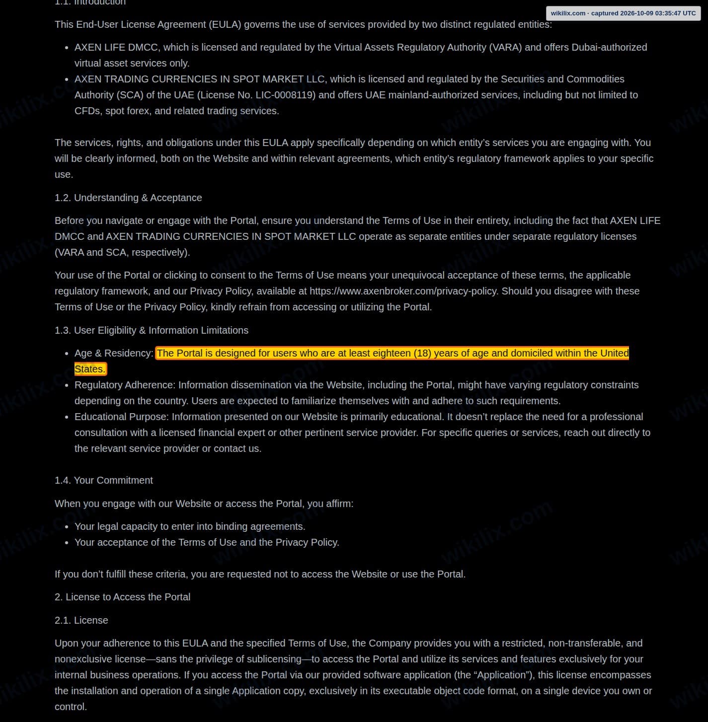 Our full page screenshot of the page that makes this promise, on Axen Broker's site axenbroker.com, taken on Oct 9, 2026. The quoted words are marked in the image.