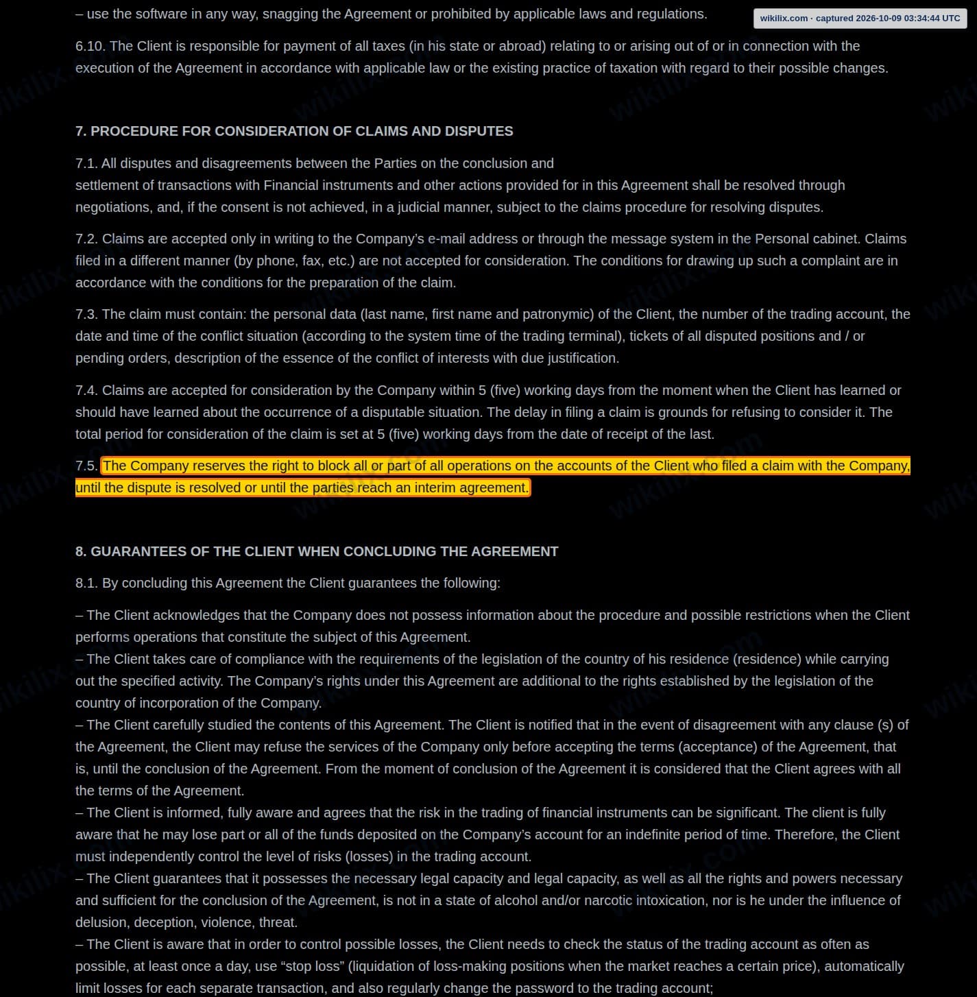 Our full page screenshot of the page this clause sits on, on Axen Broker's site axenbroker.com, taken on Oct 9, 2026. The quoted words are marked in the image.
