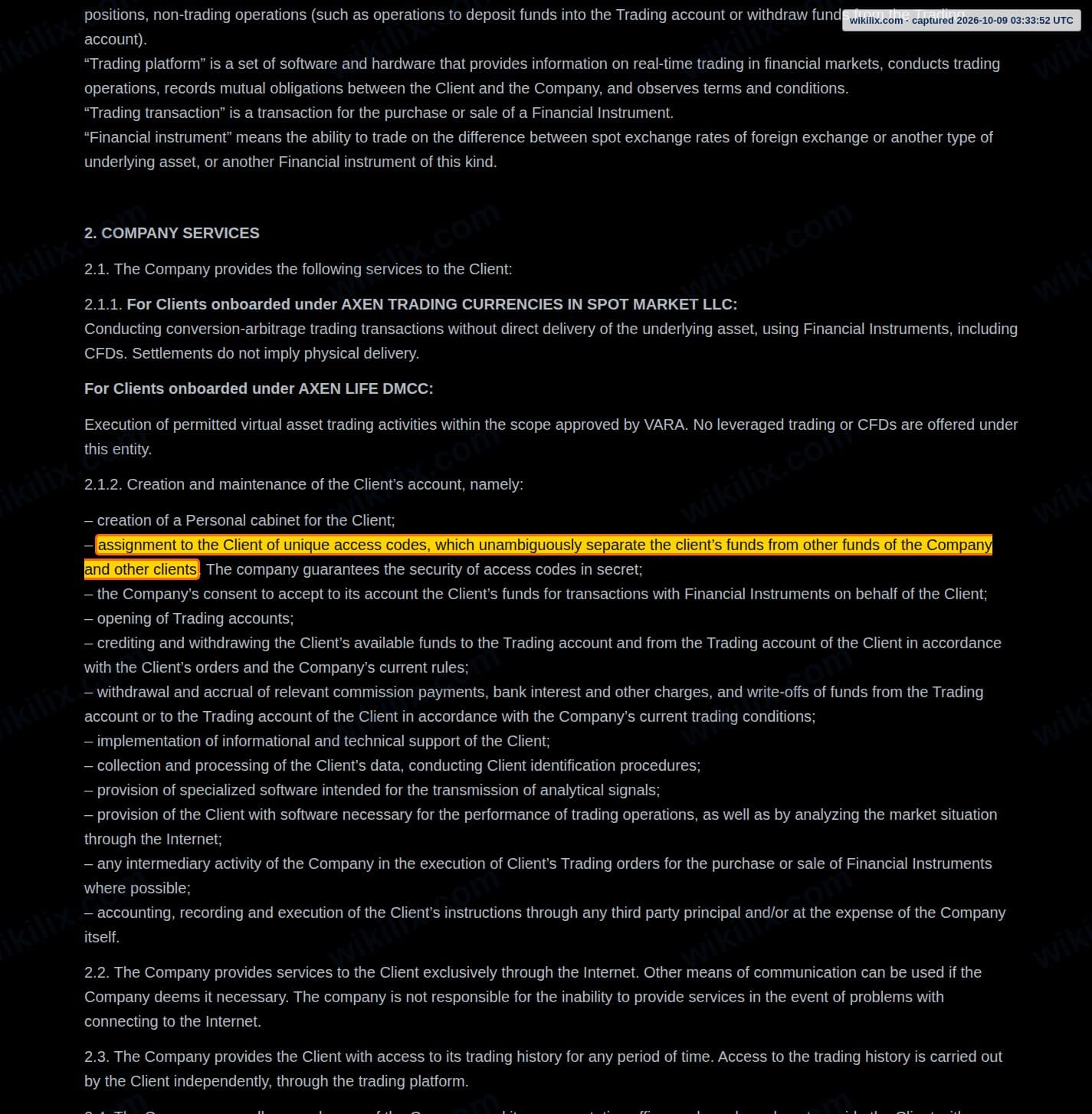 Our full page screenshot of the page this clause sits on, on Axen Broker's site axenbroker.com, taken on Oct 9, 2026. The quoted words are marked in the image.