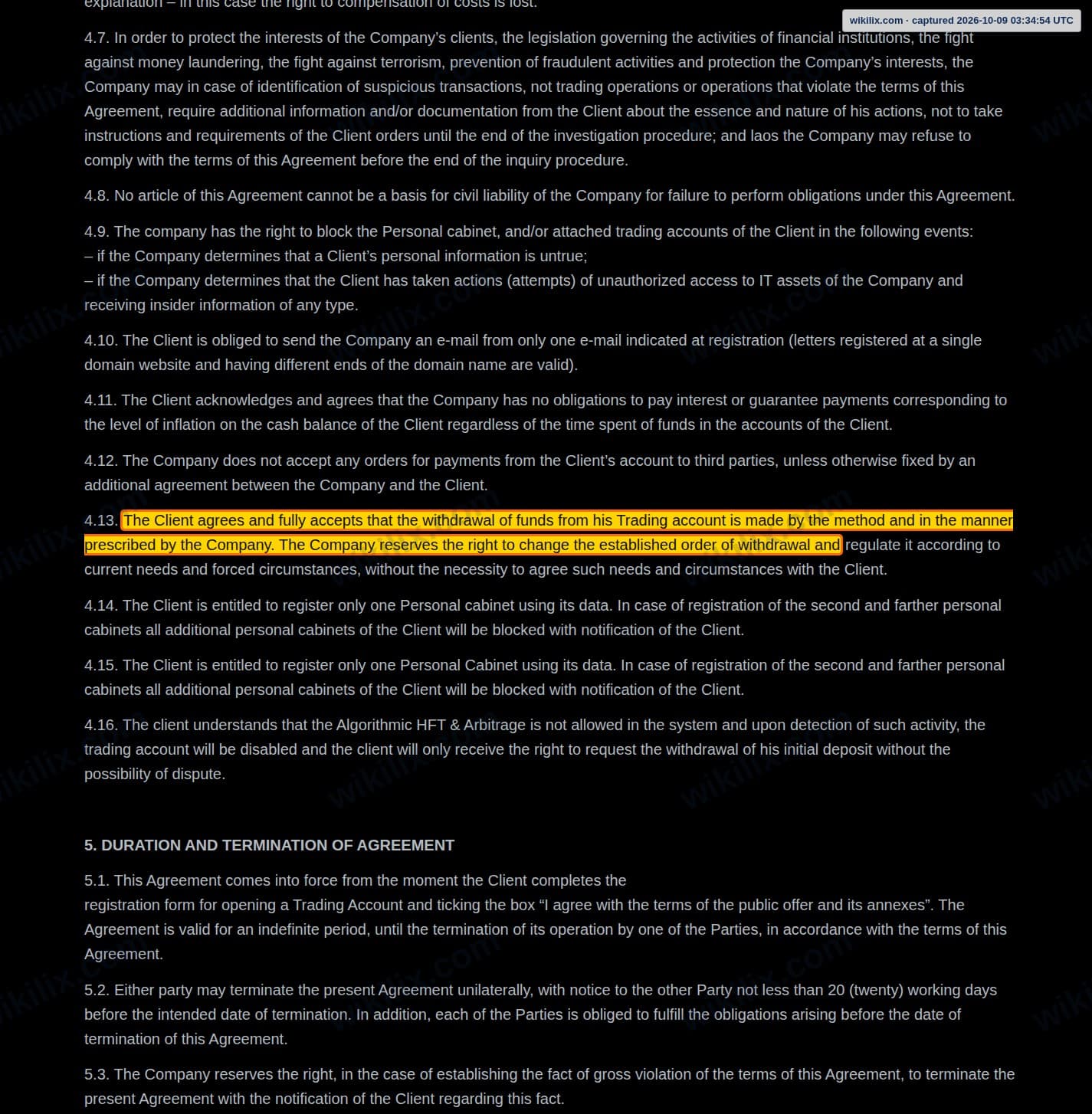 Our full page screenshot of the page this clause sits on, on Axen Broker's site axenbroker.com, taken on Oct 9, 2026. The quoted words are marked in the image.