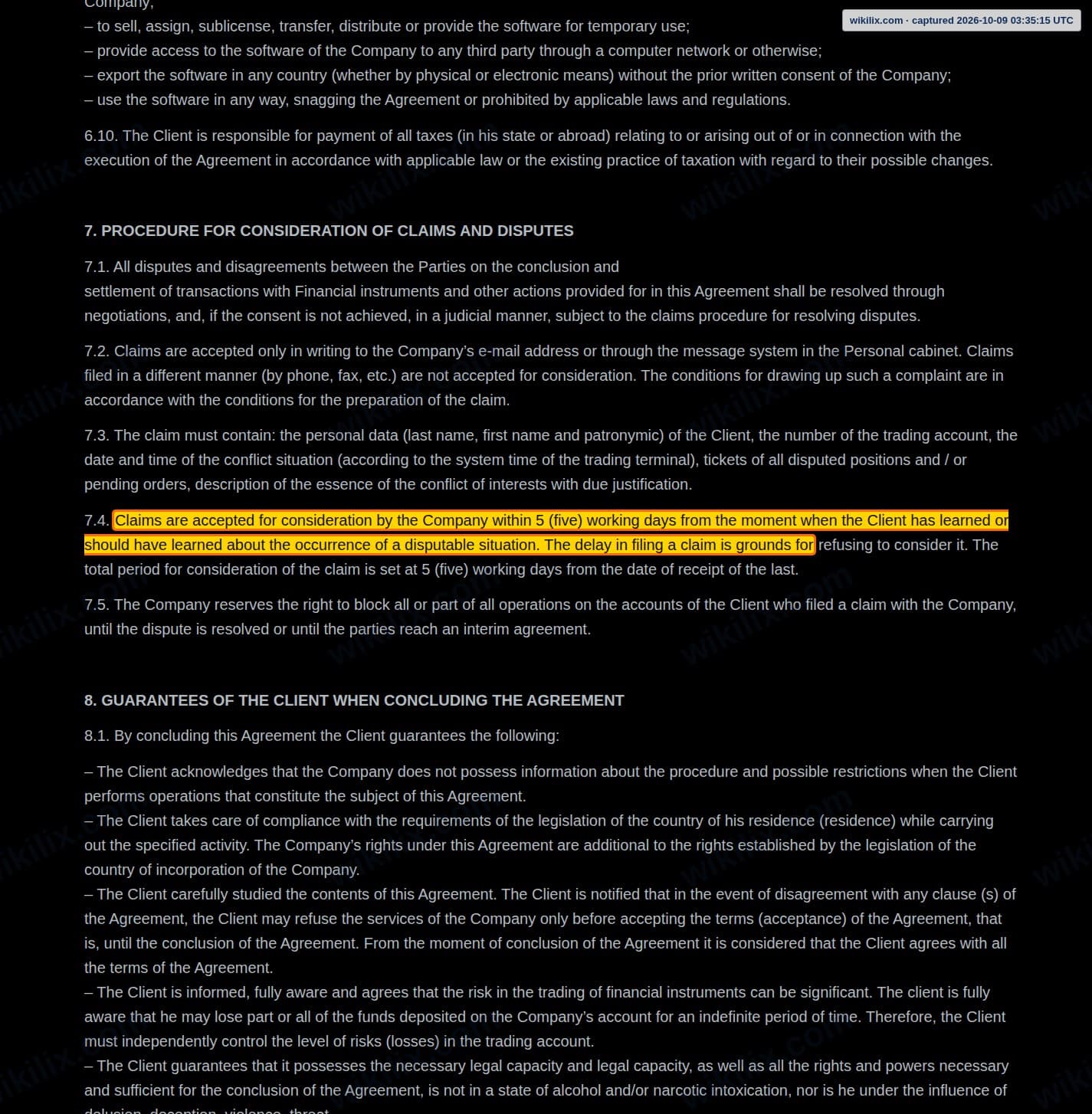 Our full page screenshot of the page this clause sits on, on Axen Broker's site axenbroker.com, taken on Oct 9, 2026. The quoted words are marked in the image.