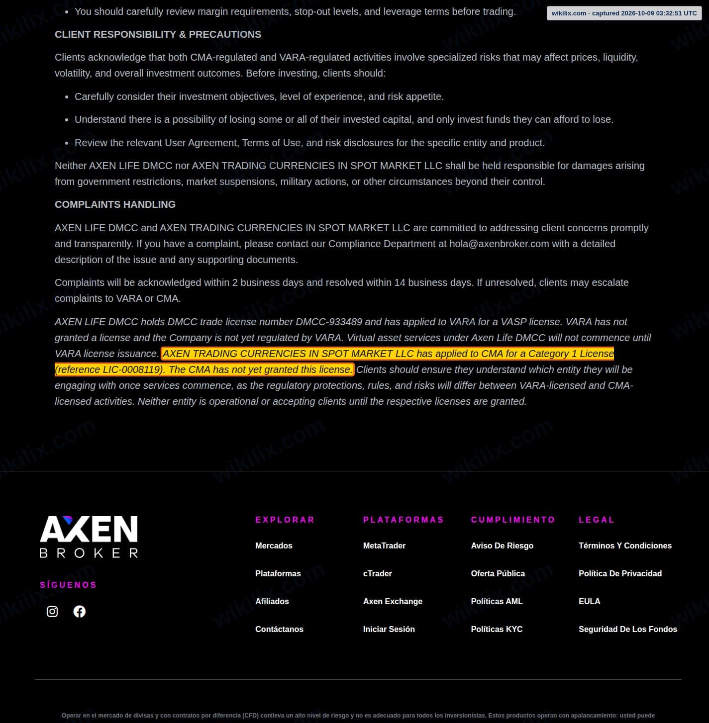 Our full page screenshot of the page this clause sits on, on Axen Broker's site axenbroker.com, taken on Oct 9, 2026. The quoted words are marked in the image.