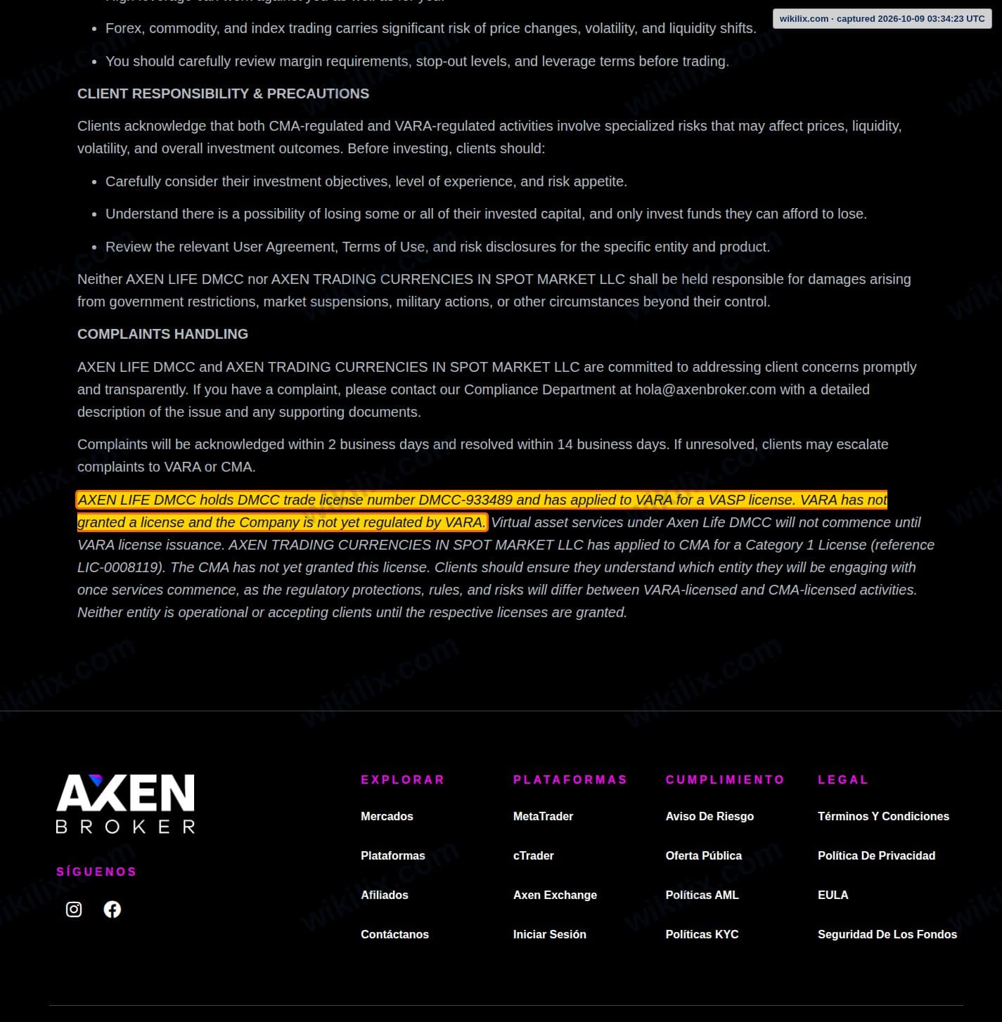 Our full page screenshot of the page this clause sits on, on Axen Broker's site axenbroker.com, taken on Oct 9, 2026. The quoted words are marked in the image.