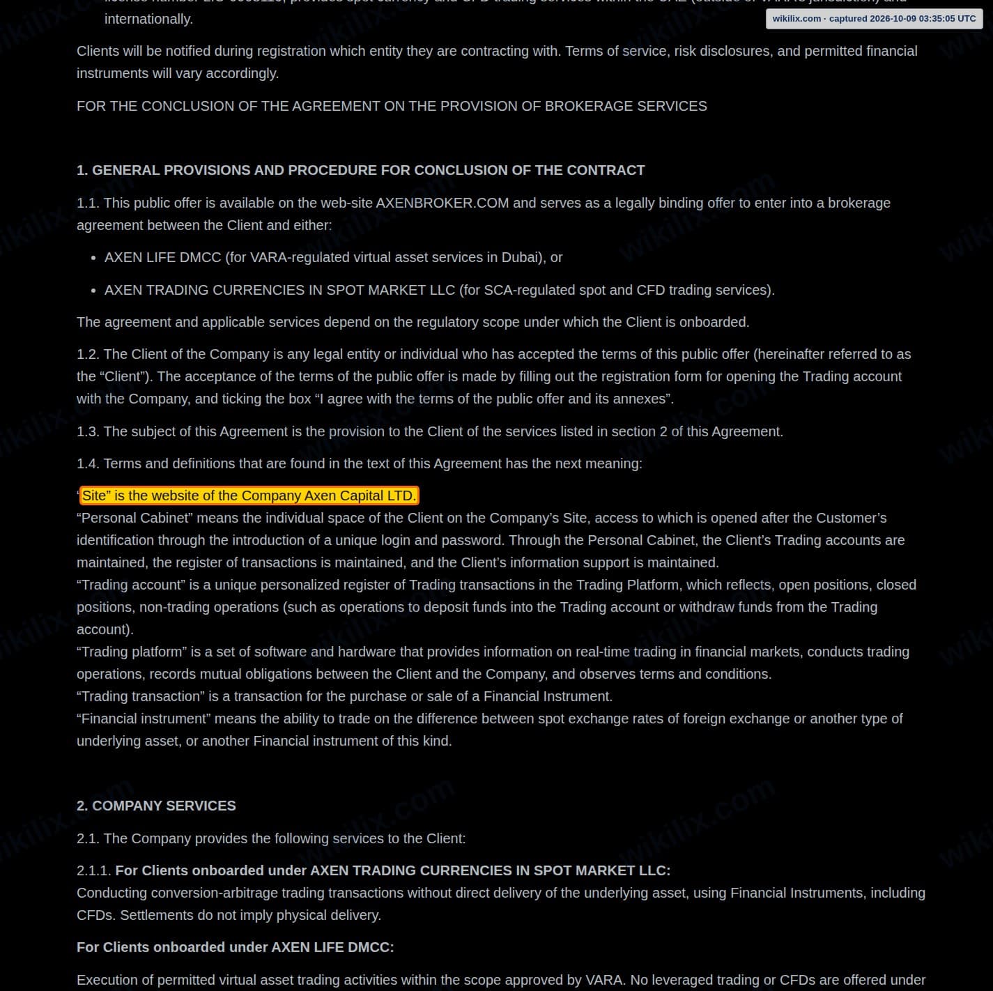 Our full page screenshot of the page this clause sits on, on Axen Broker's site axenbroker.com, taken on Oct 9, 2026. The quoted words are marked in the image.