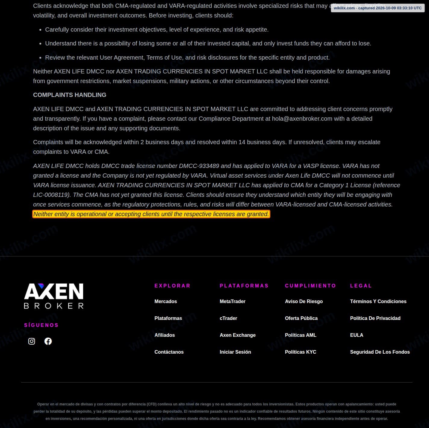 Our full page screenshot of the page this clause sits on, on Axen Broker's site axenbroker.com, taken on Oct 9, 2026. The quoted words are marked in the image.