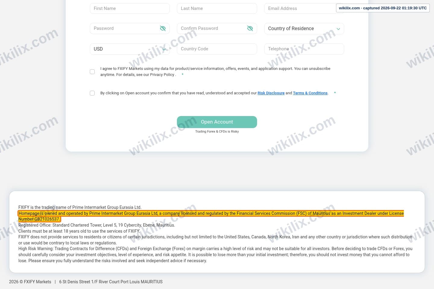 Our full page screenshot of the page that makes this promise, on FXPIG's site my.fxifymarkets.com, taken on Sep 22, 2026. The quoted words are marked in the image.